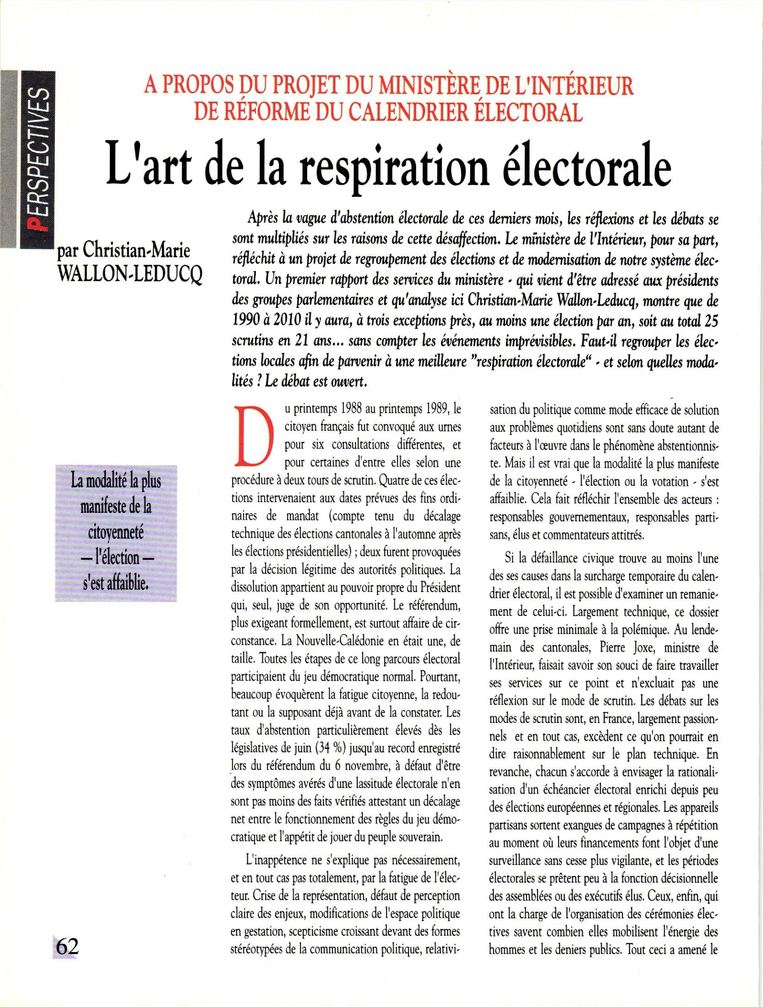 Article : L’art de la respiration électorale : le projet de réforme du calendrier électoral.  Analyses de Bernard Pons, Jacques Blanc, Jean-Marie Rausch et Louis Mermaz
