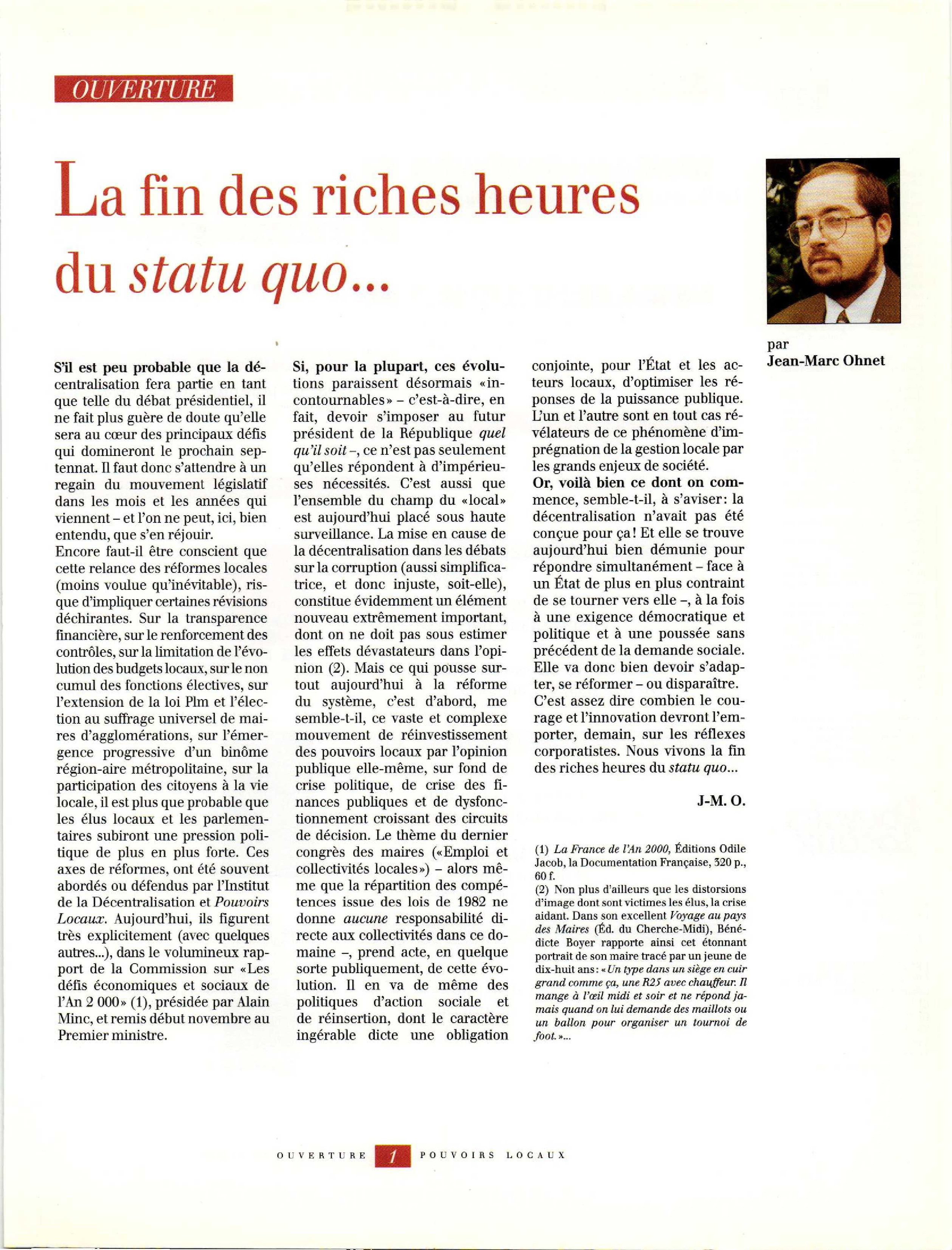 Article : La fin des riches heures du statu quo...