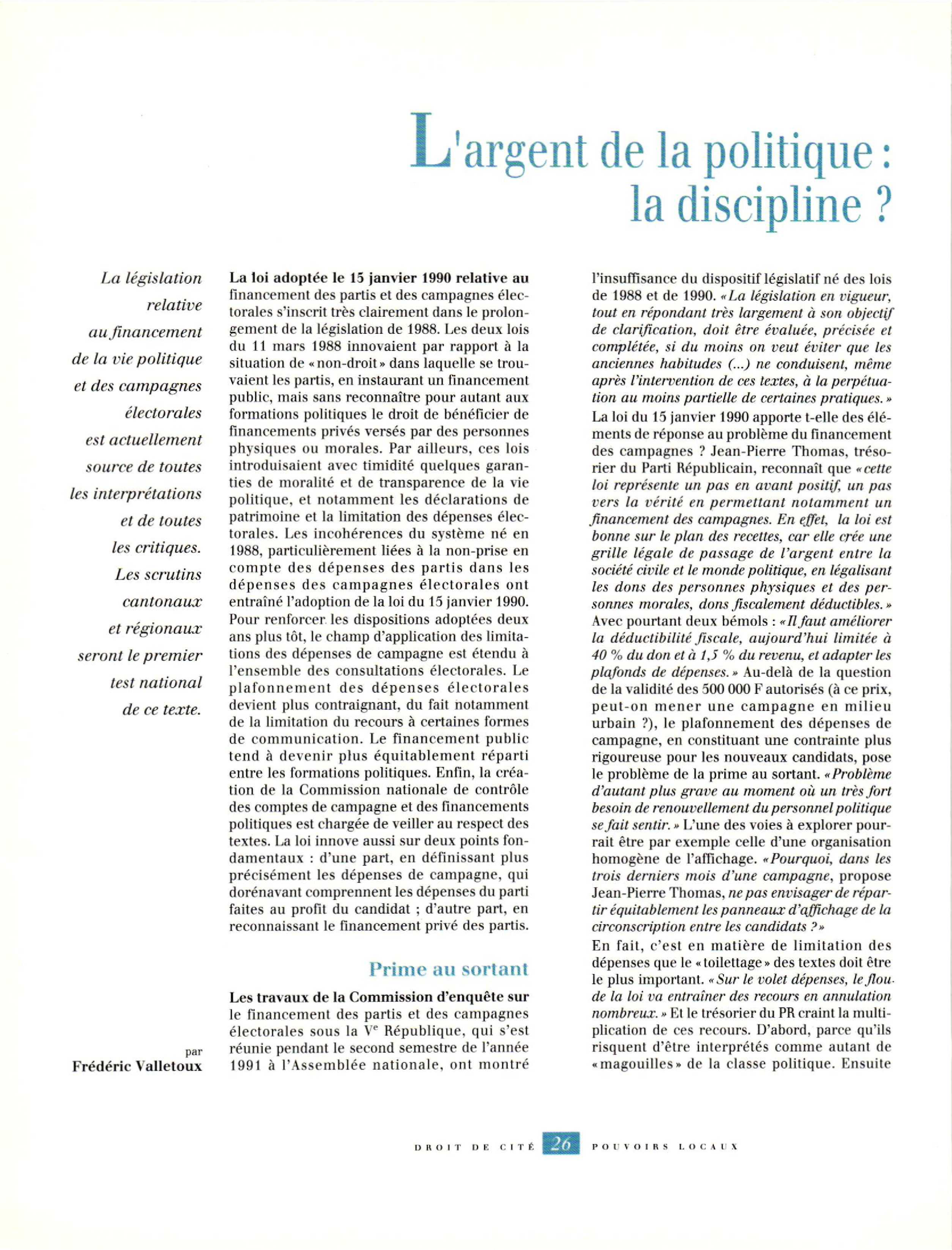 Article : L’argent de la politique : la discipline ?