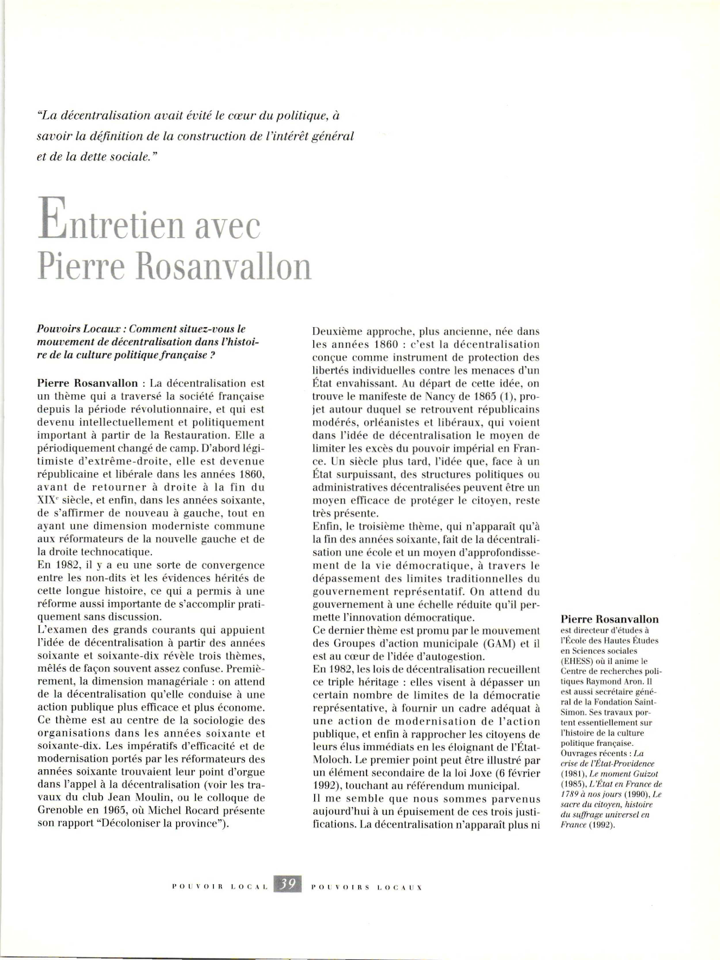 Article : Entretien avec Pierre Rosanvallon