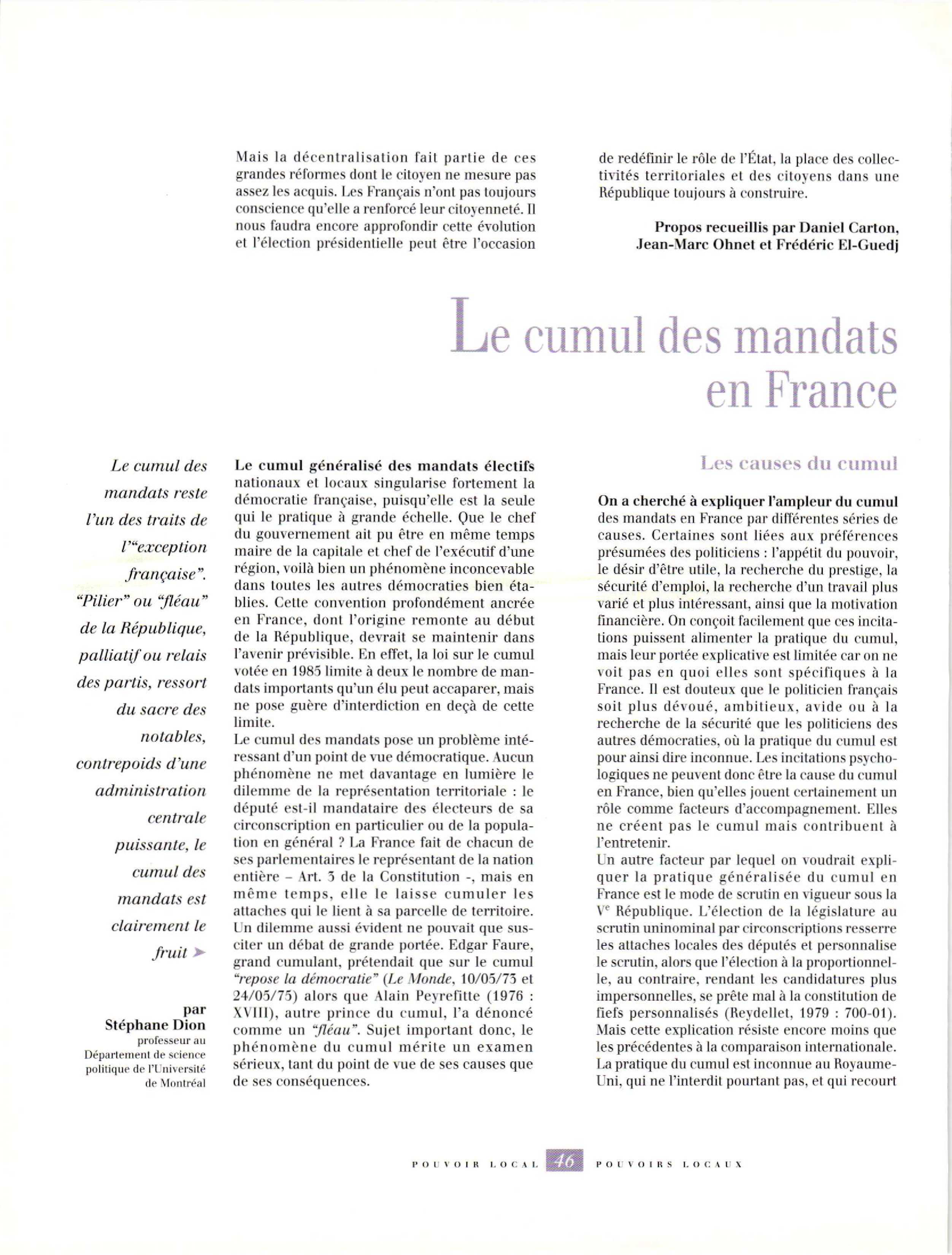 Article : Les causes du cumul des mandats en France