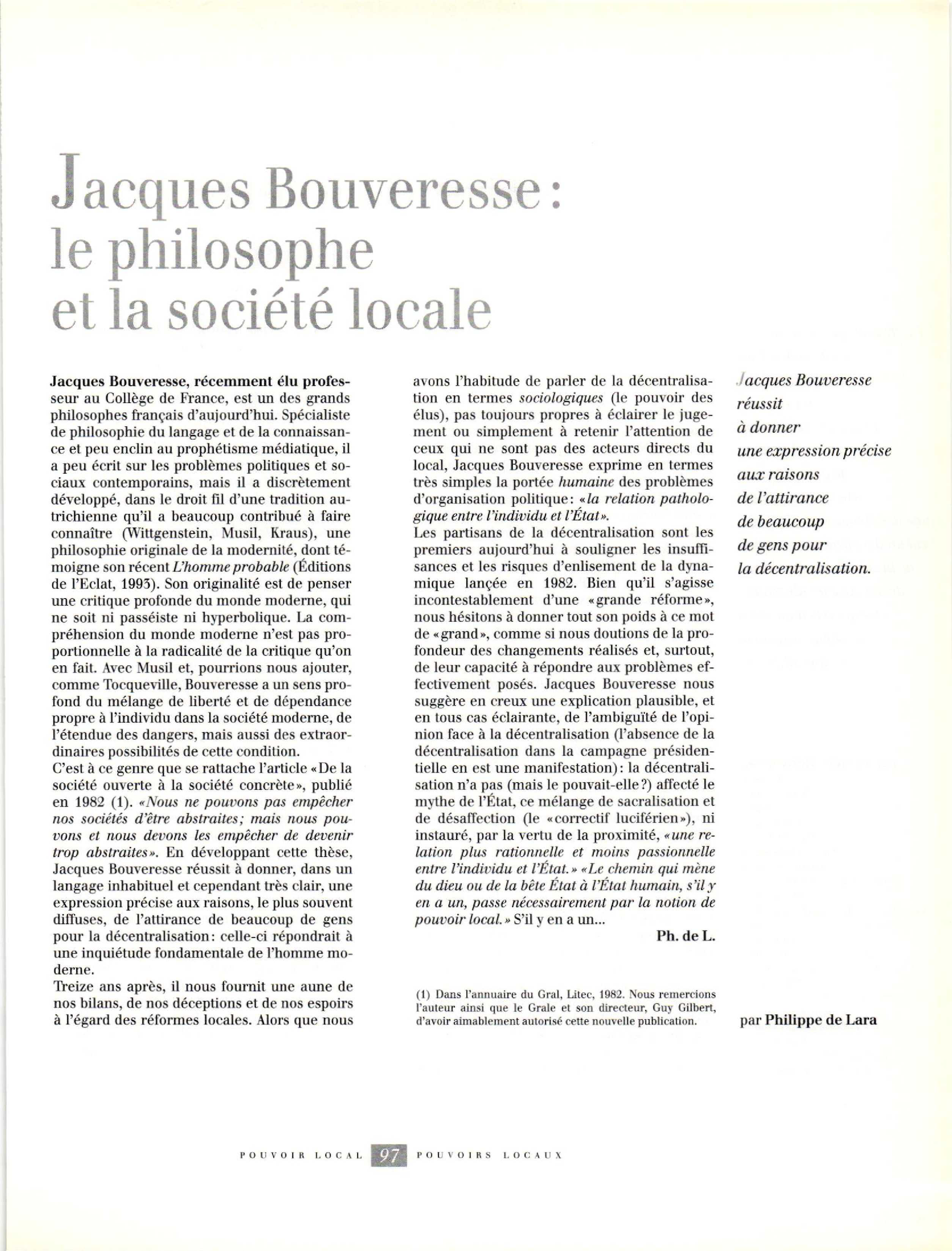 Article : Jacques Bouveresse : le philosophe et la société locale