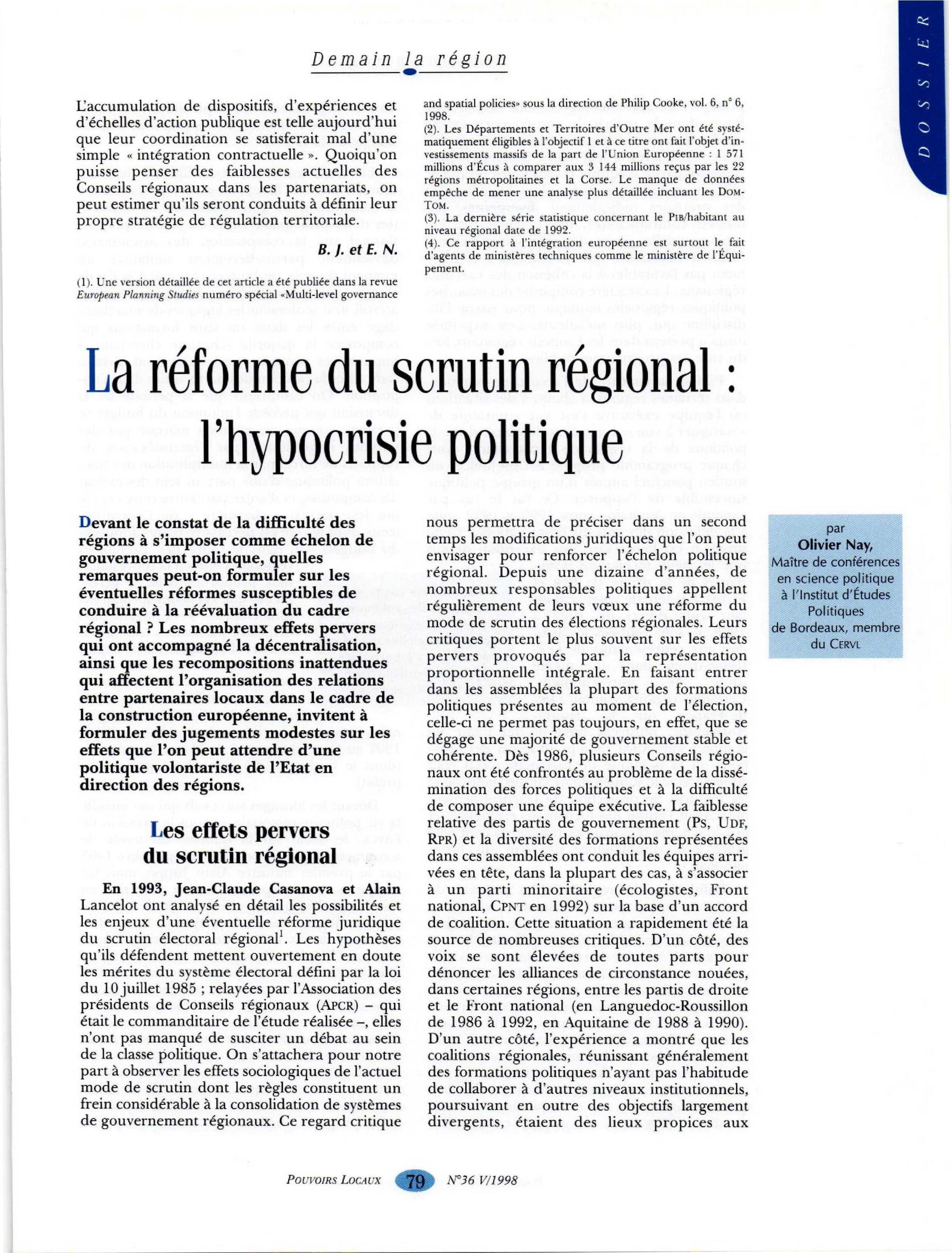 Article : La réforme du scrutin régional : l’hypocrisie politique