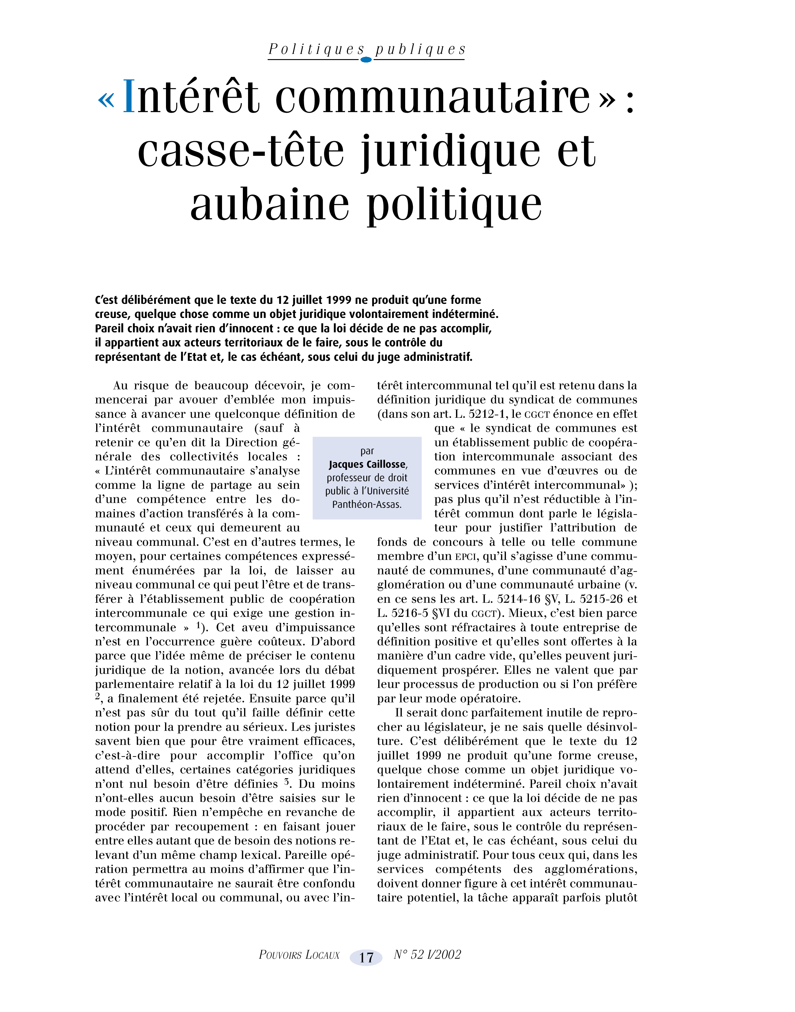 Article : Intérêt communautaire : casse-tête juridique et aubaine politique