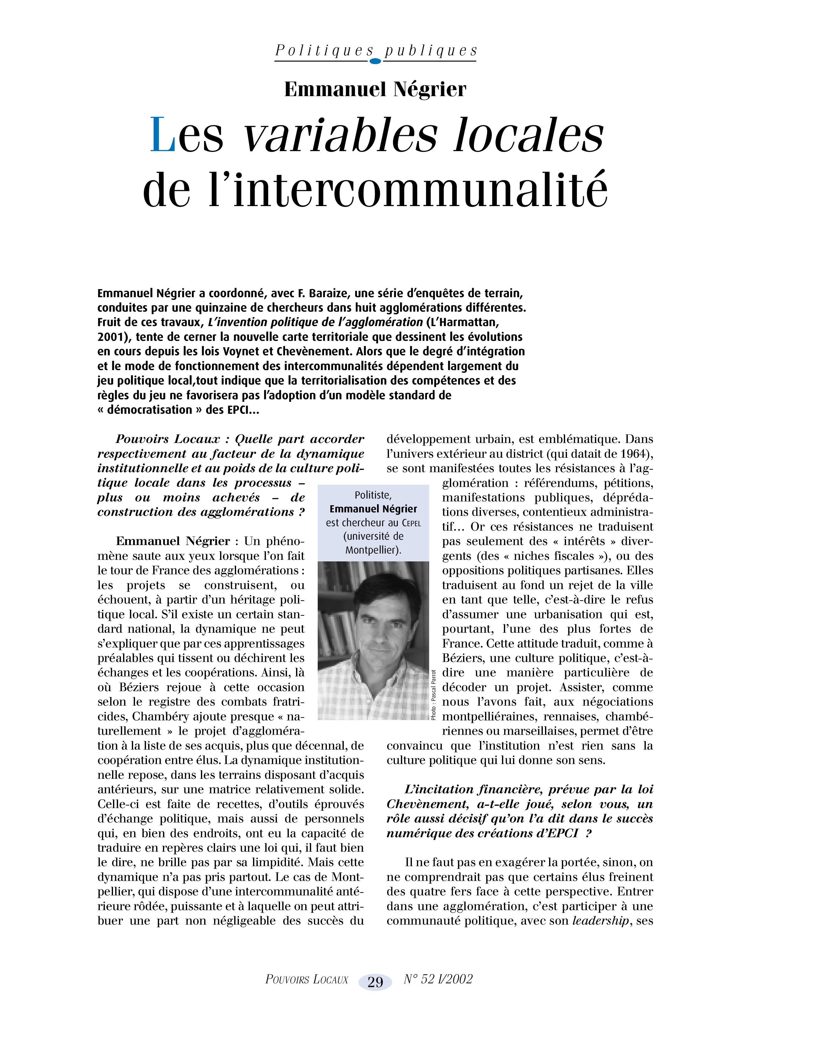 Article : Les variables locales de l’intercommunalité