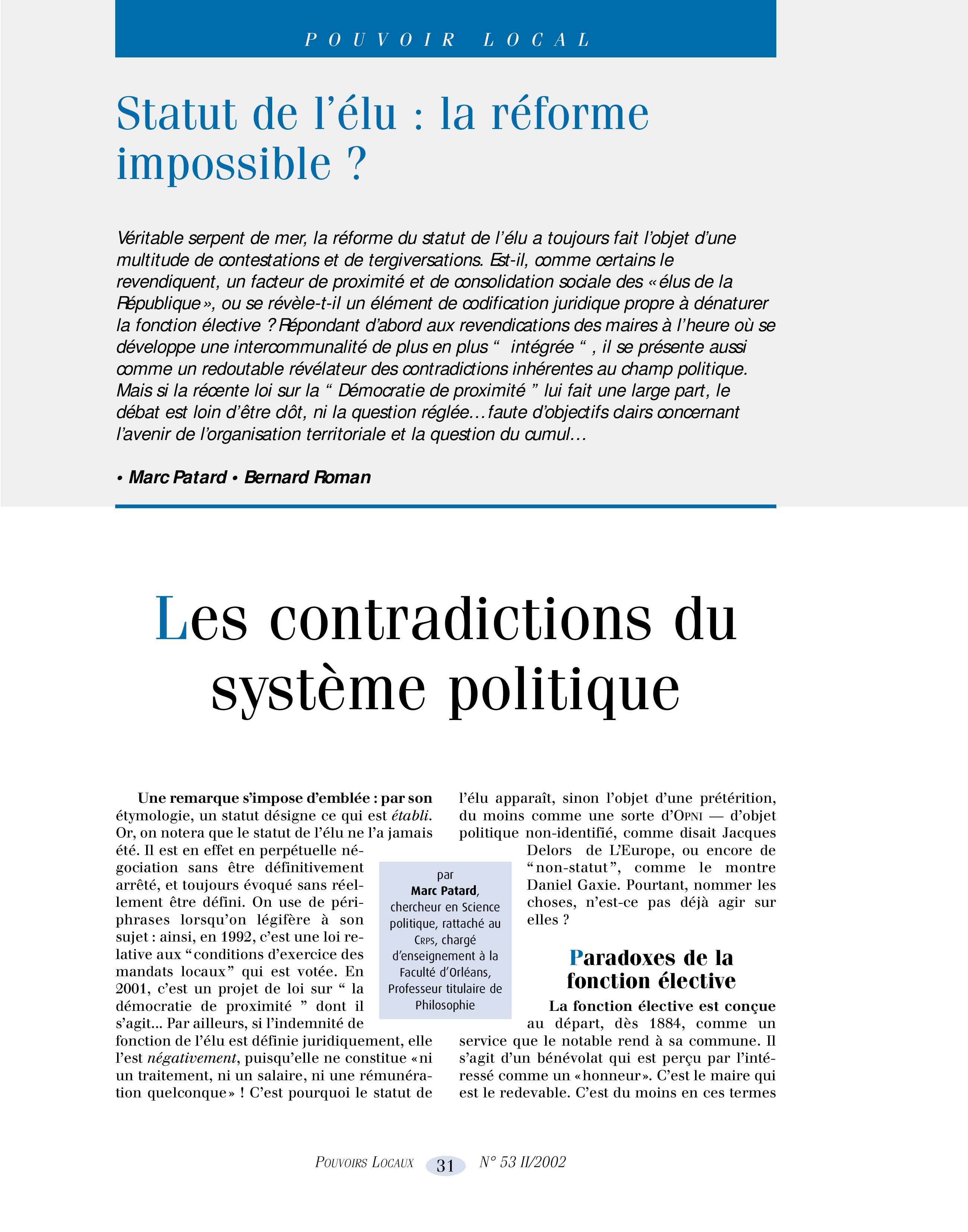 Article : Statut de l’élu : la réforme impossible ? Les contradictions du système politique