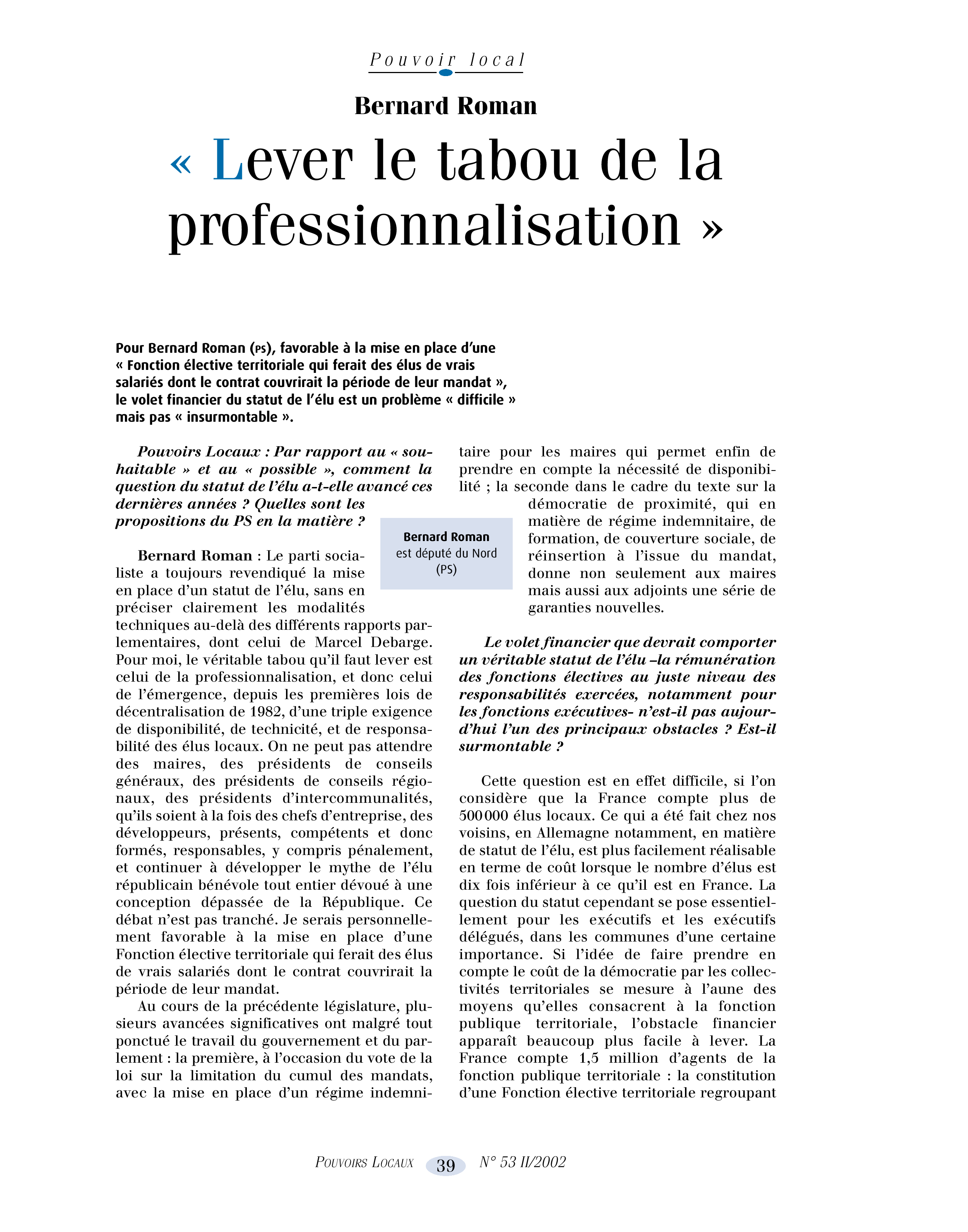 Article : Statut de l’élu : « lever la tabou de la professionnalisation »
