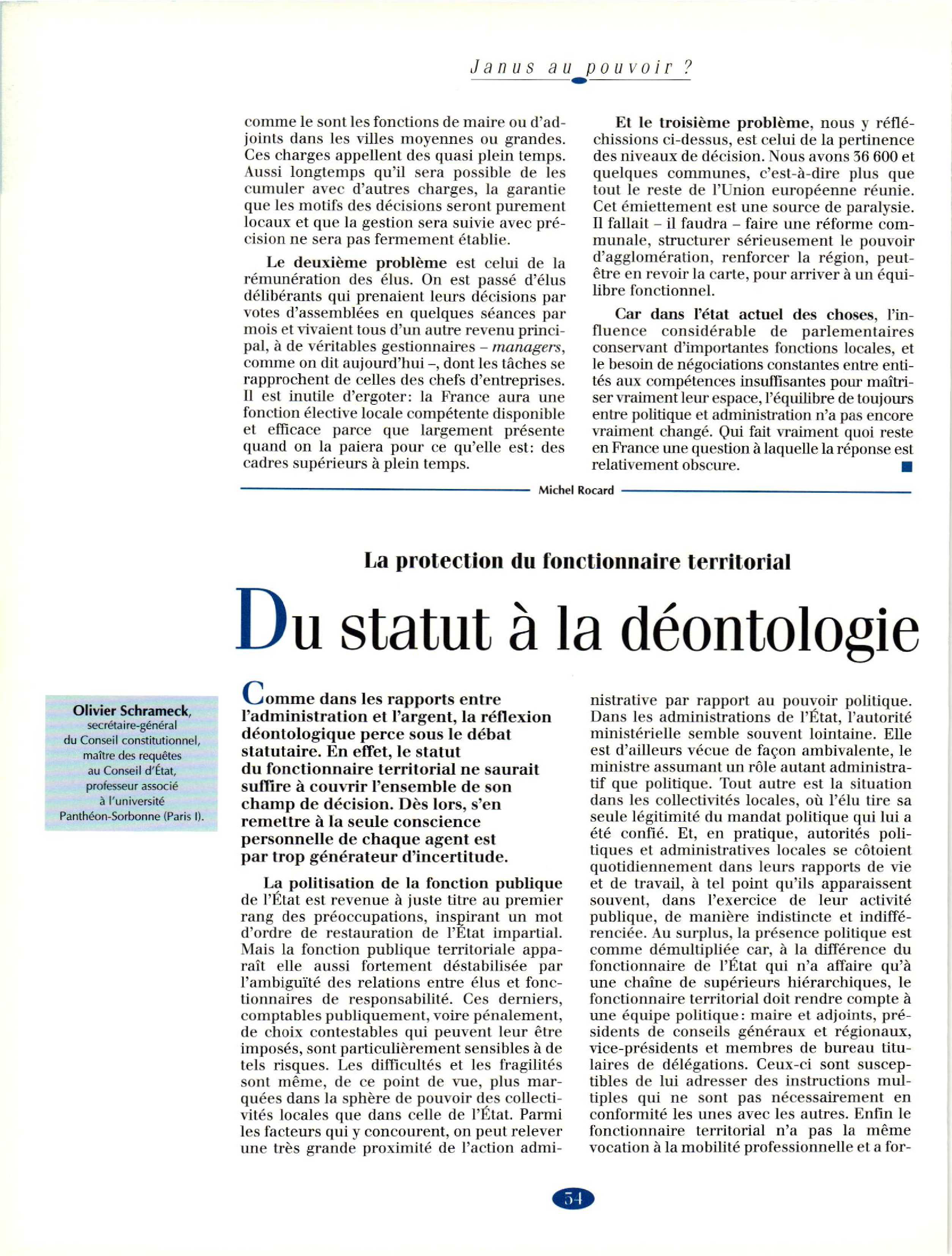 Article : La protection du fonctionnaire territorial. Du statut à la déontologie