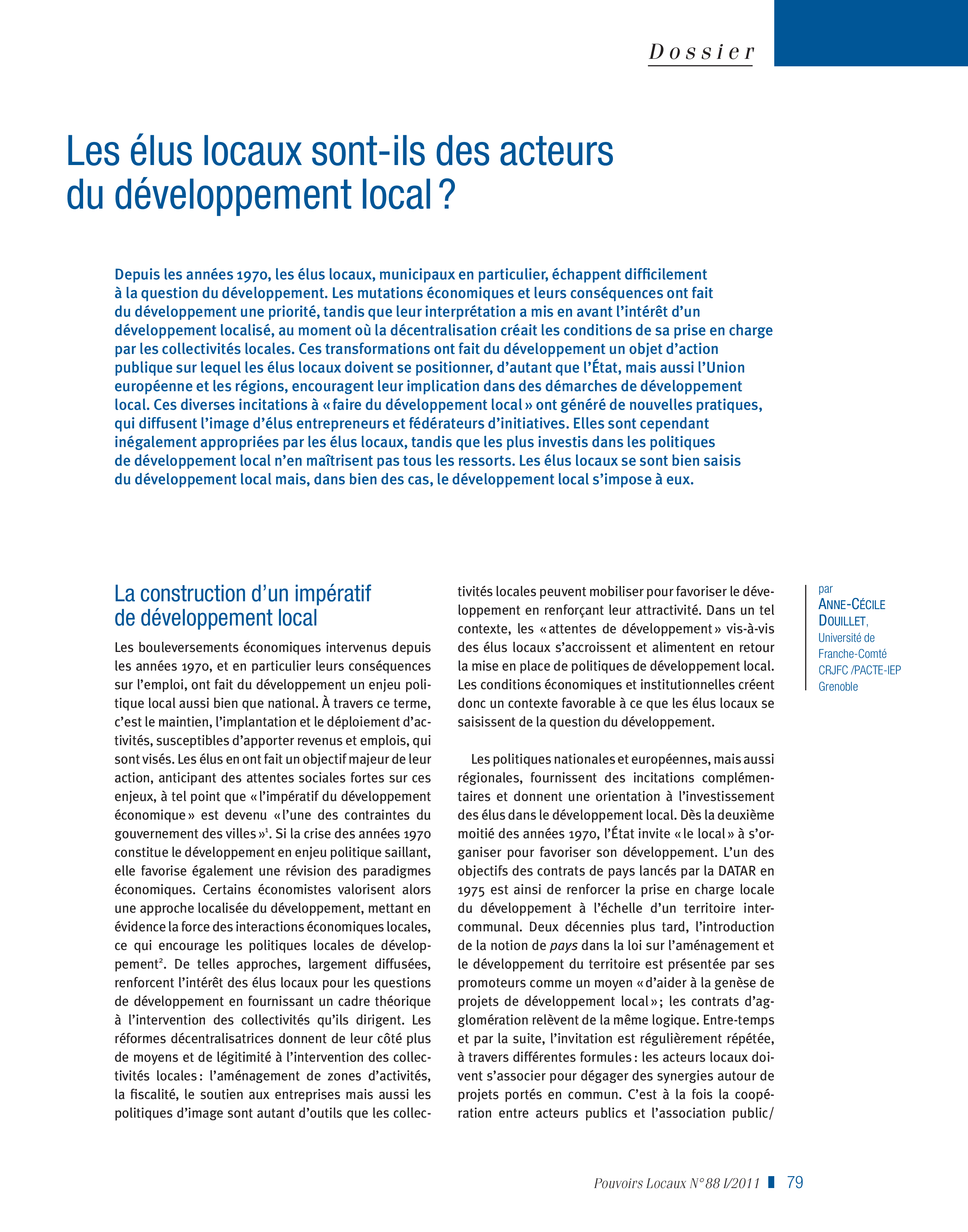 Article : Dans quelle mesure les élus locaux sont-ils des acteurs du développement local?