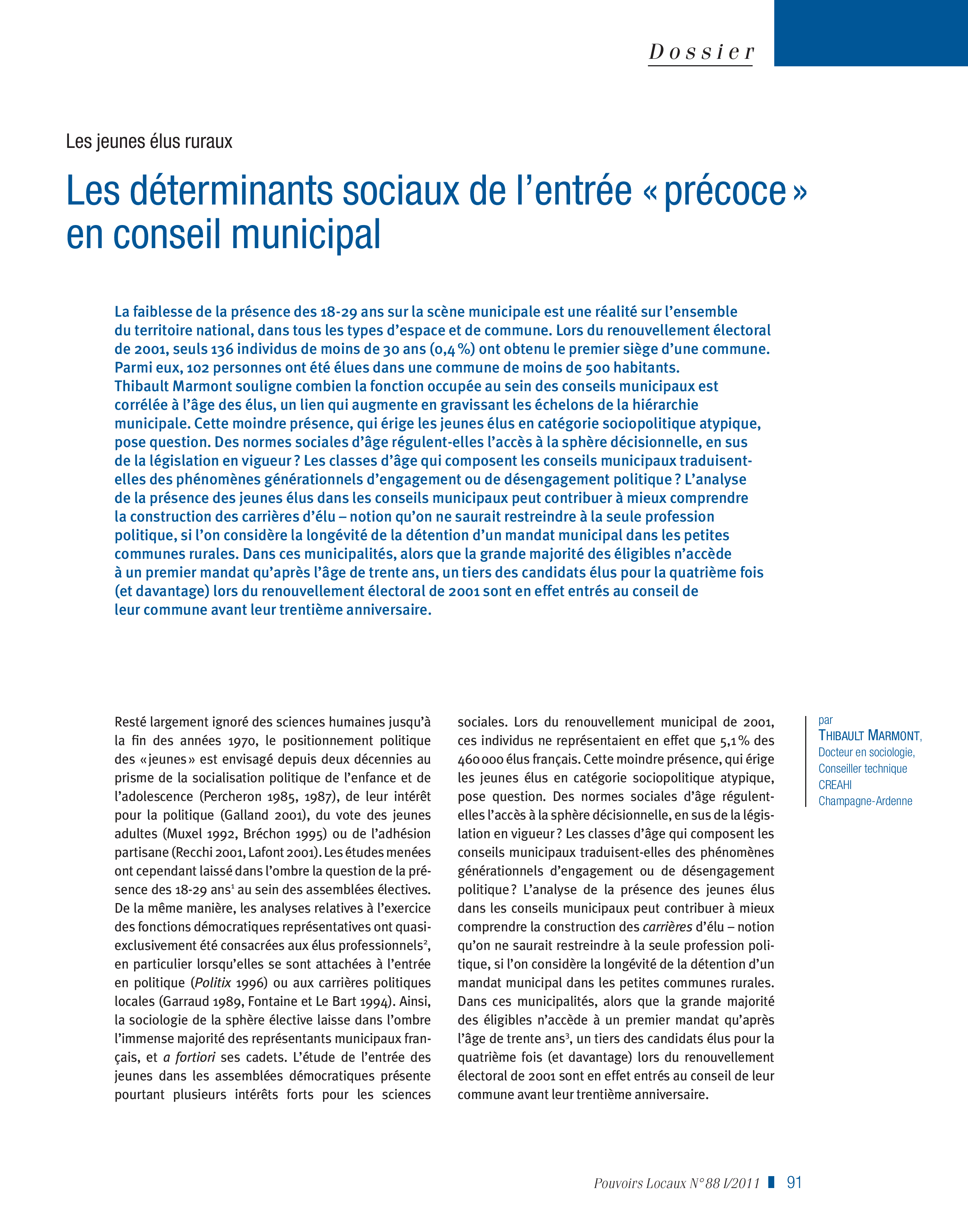 Article : Les déterminants sociaux de l’entrée « précoce » en conseil municipal
