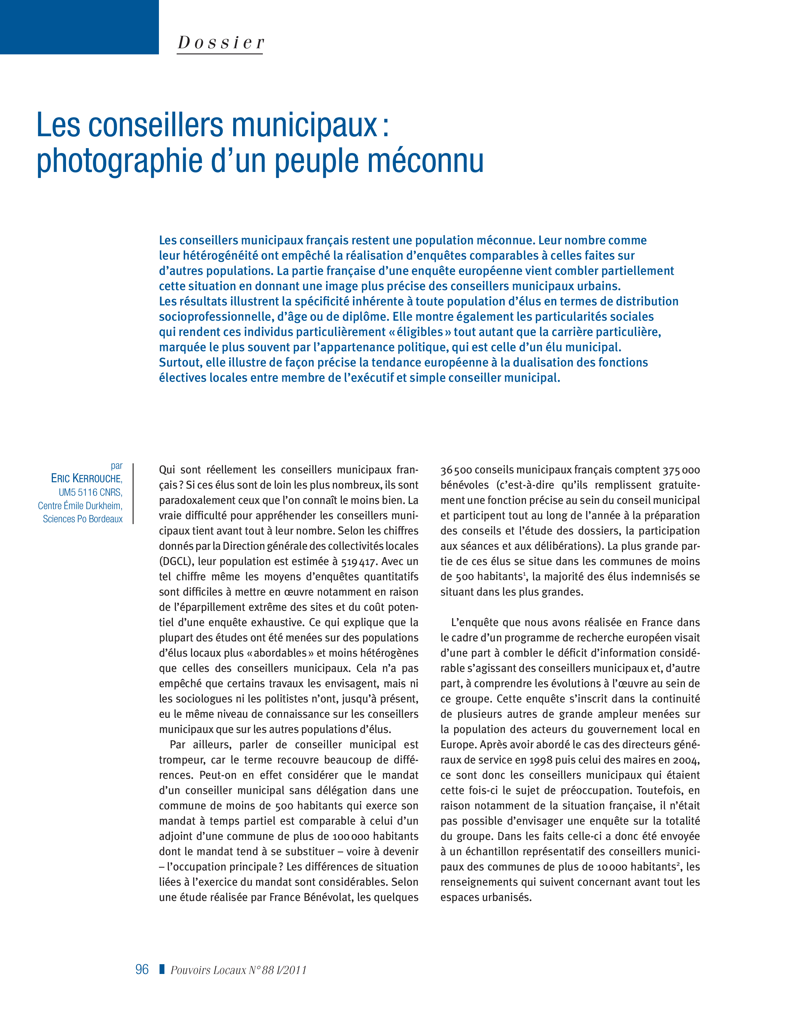 Article : Les conseillers municipaux : photographie d ’un peuple méconnu