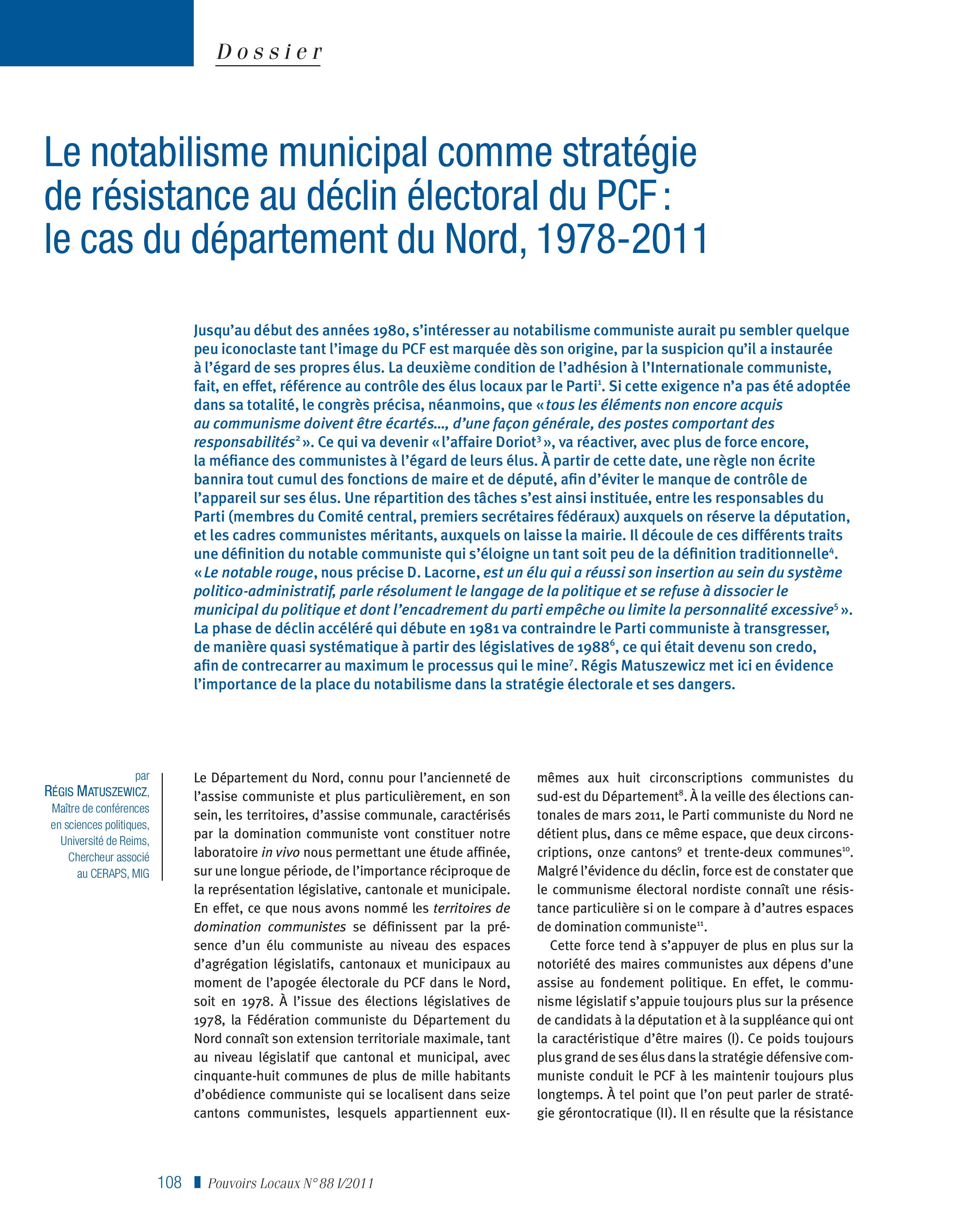 Article : Le notabilisme municipal comme stratégie de résistance au déclin électoral du PCF : le cas du département du