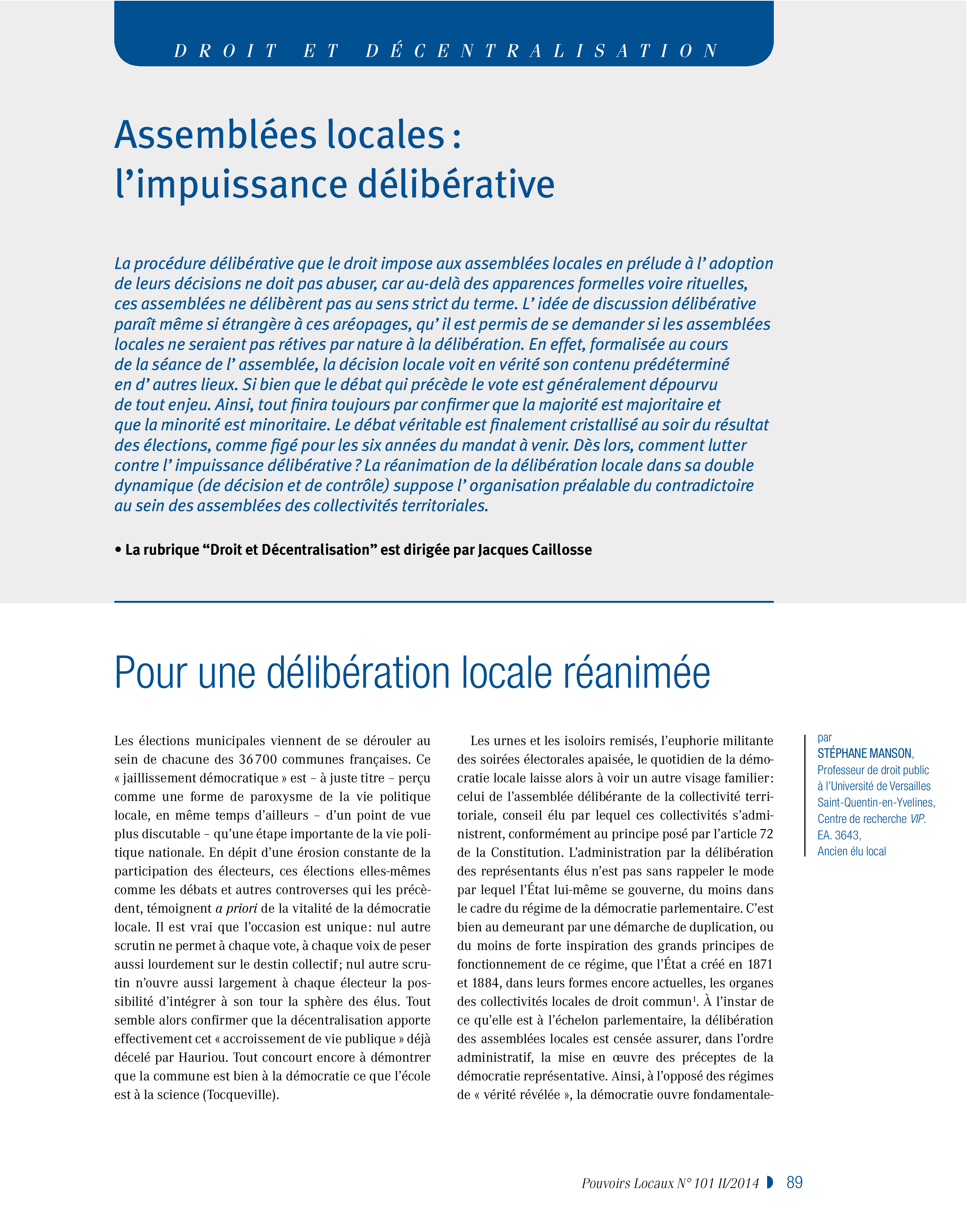Article : Assemblées locales : l’impuissance délibérative. Pour une délibération locale réanimée