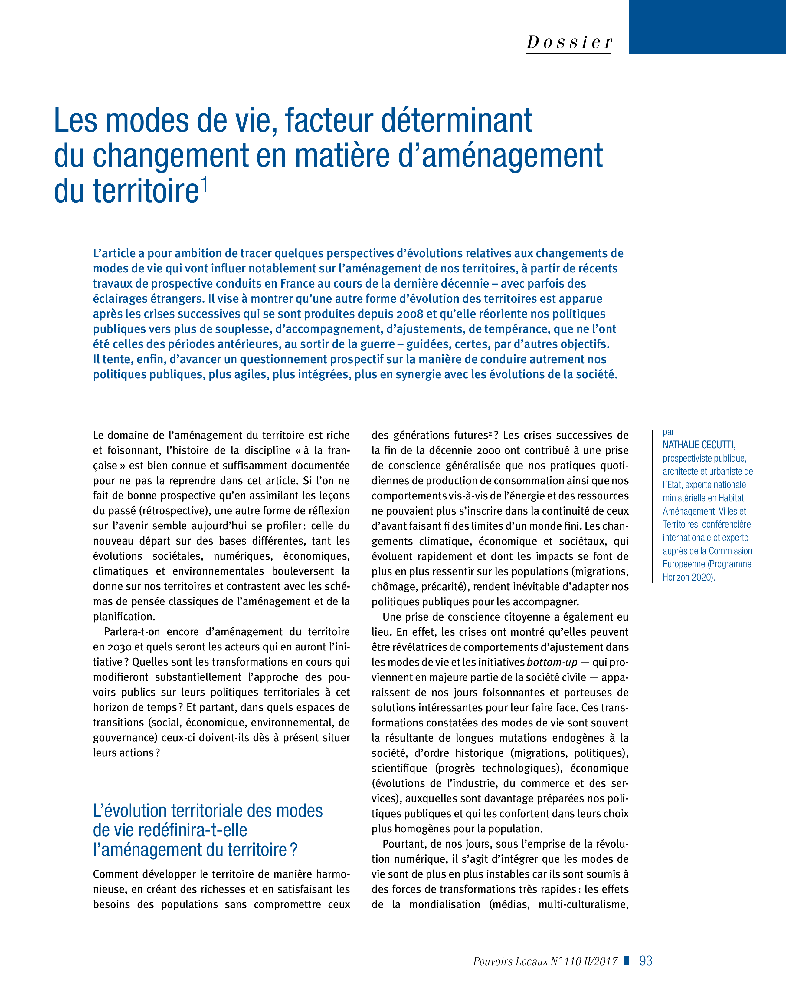 Article : Les modes de vie, facteur déterminant du changement en matière d’aménagement du territoire