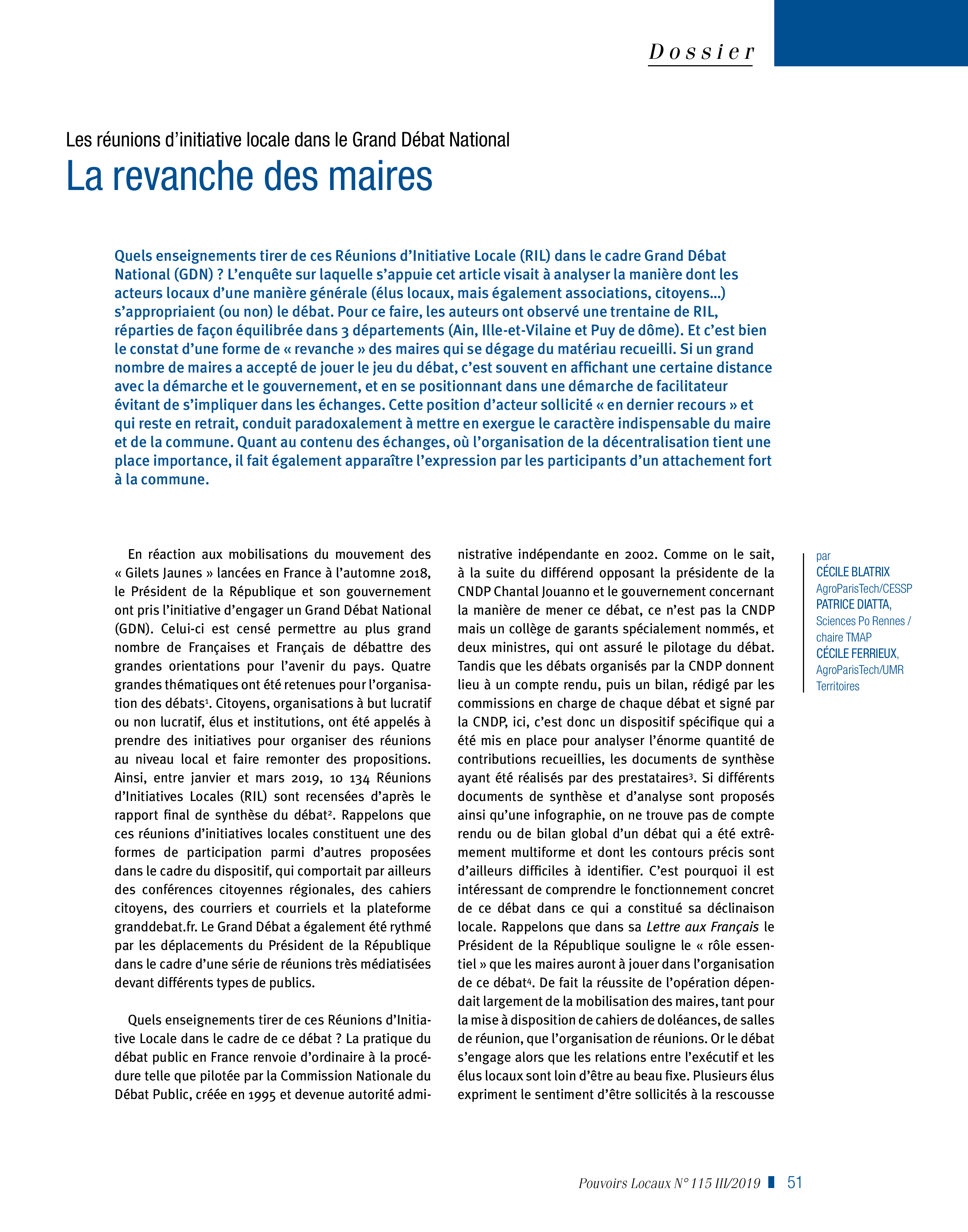 Article : Les réunions d’initiative locale dans le Grand Débat National. La revanche des maires