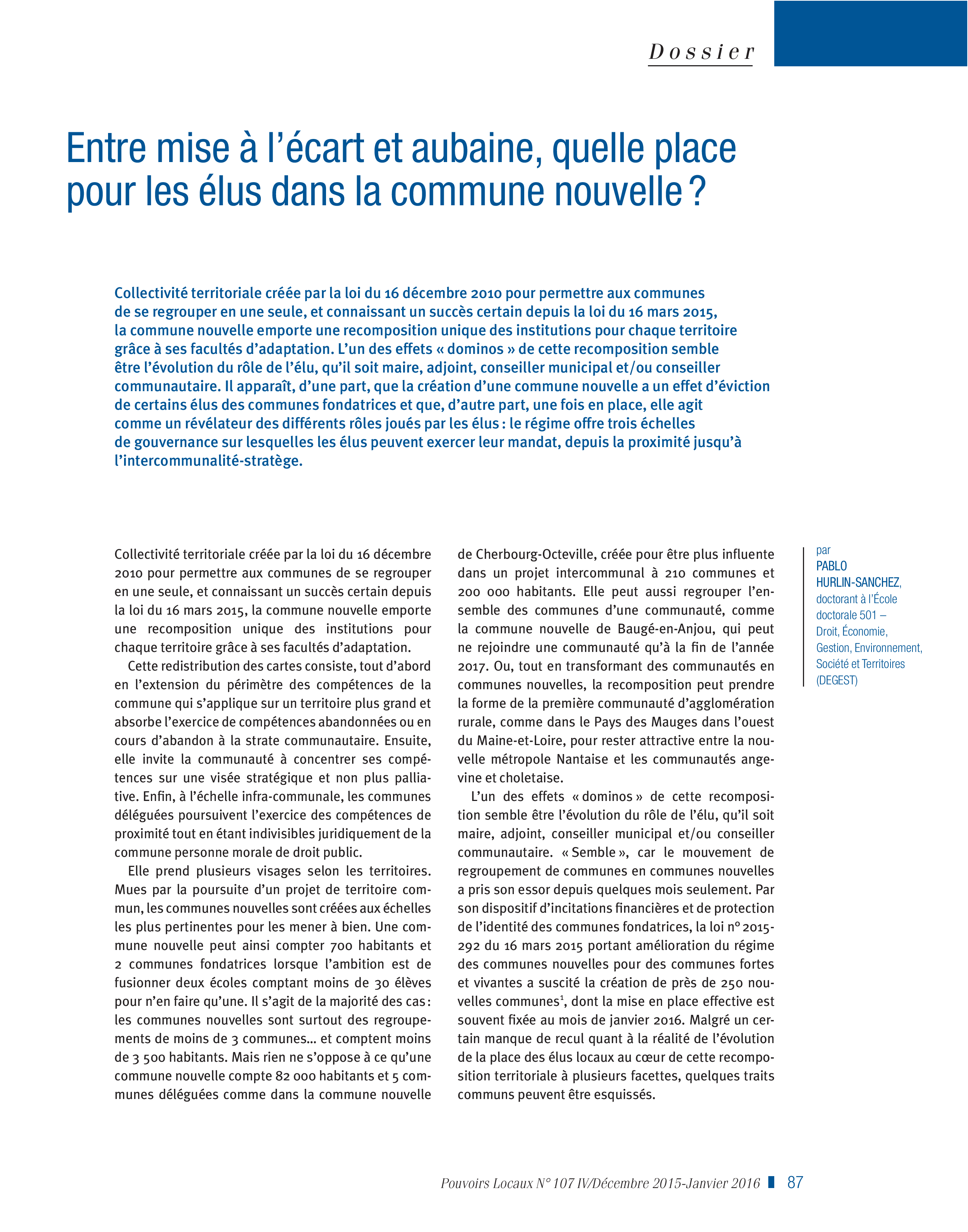 Article : Entre mise à l’écart et aubaine, quelle place pour les élus dans la commune nouvelle?