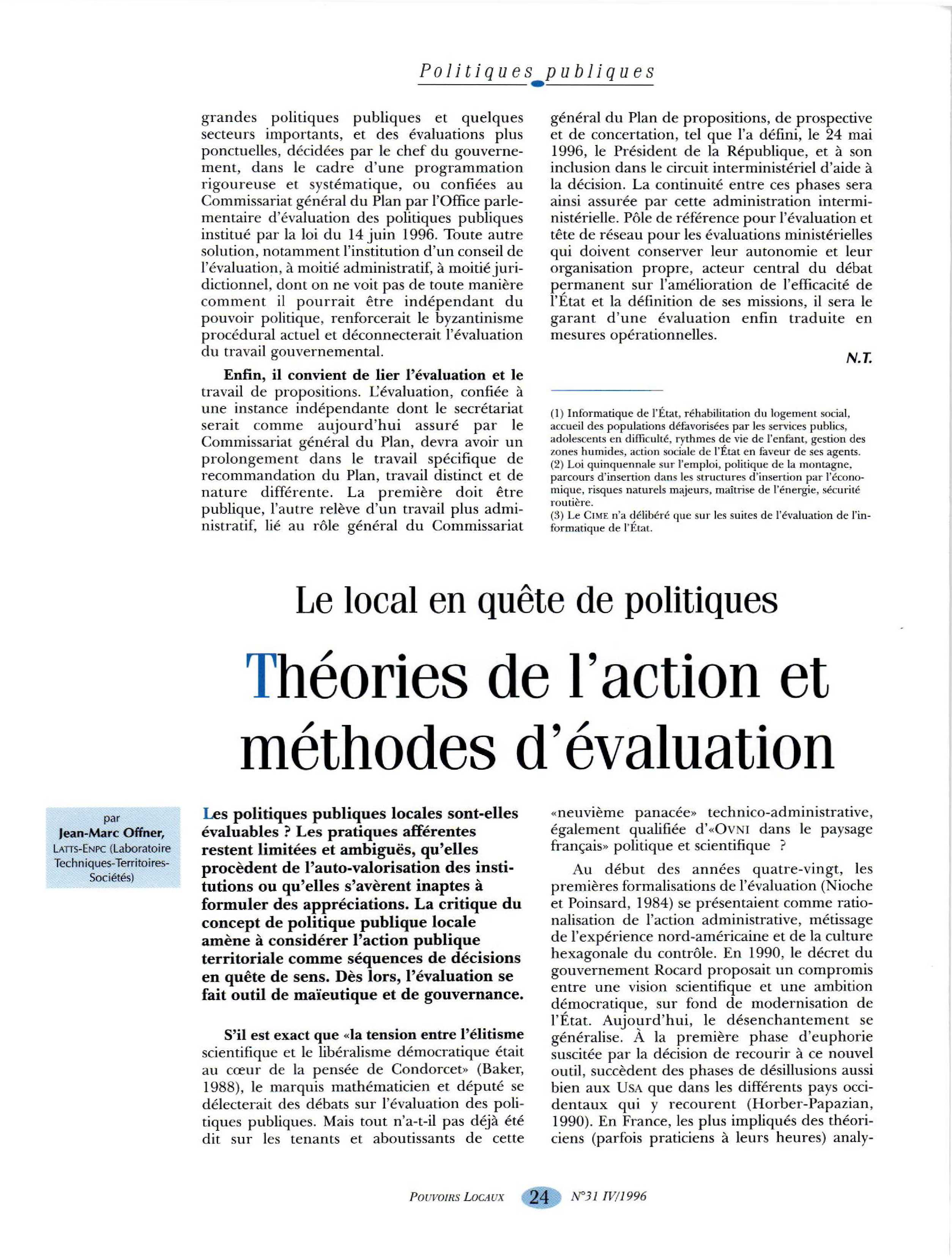 Article :  Le local en quête de politiques - Théories de l’action et méthode d’évaluation