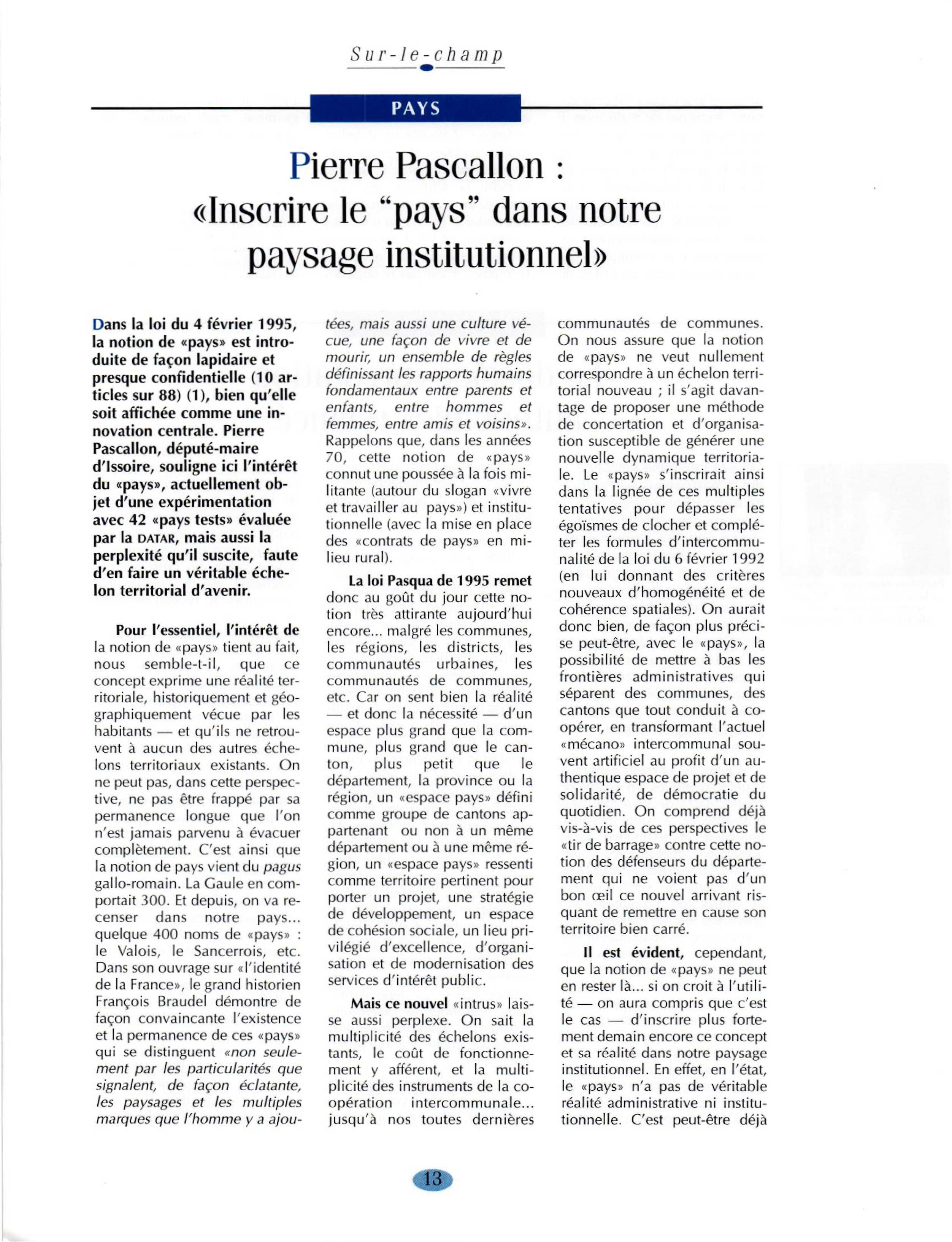 Article : Inscrire le « pays » dans notre paysage institutionnel