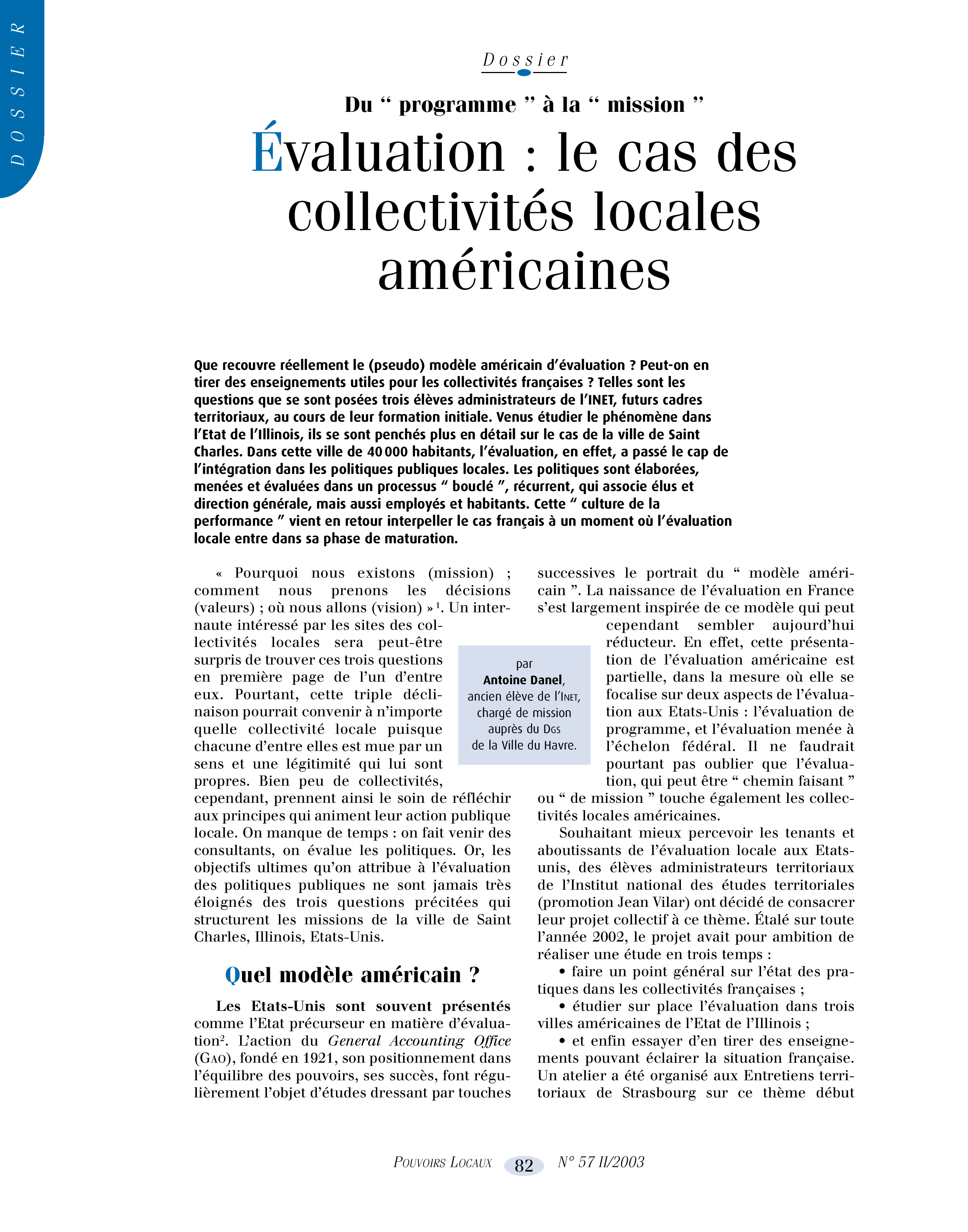 Article : Evaluation : le cas des collectivités locales américaines