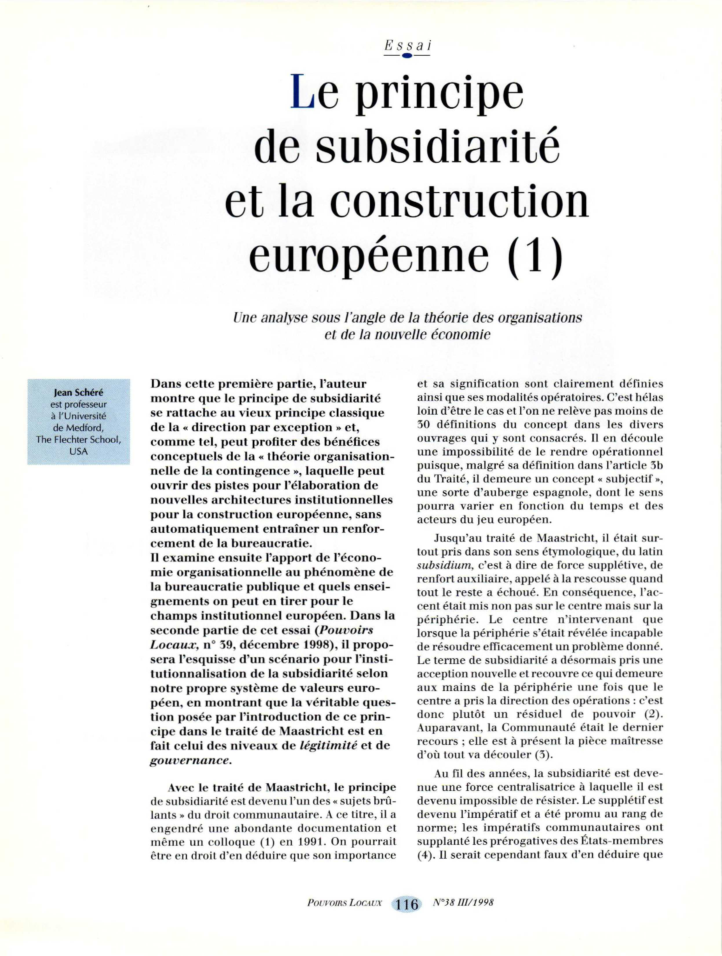Article : Le principe de subsidiarité et la construction européenne (1)