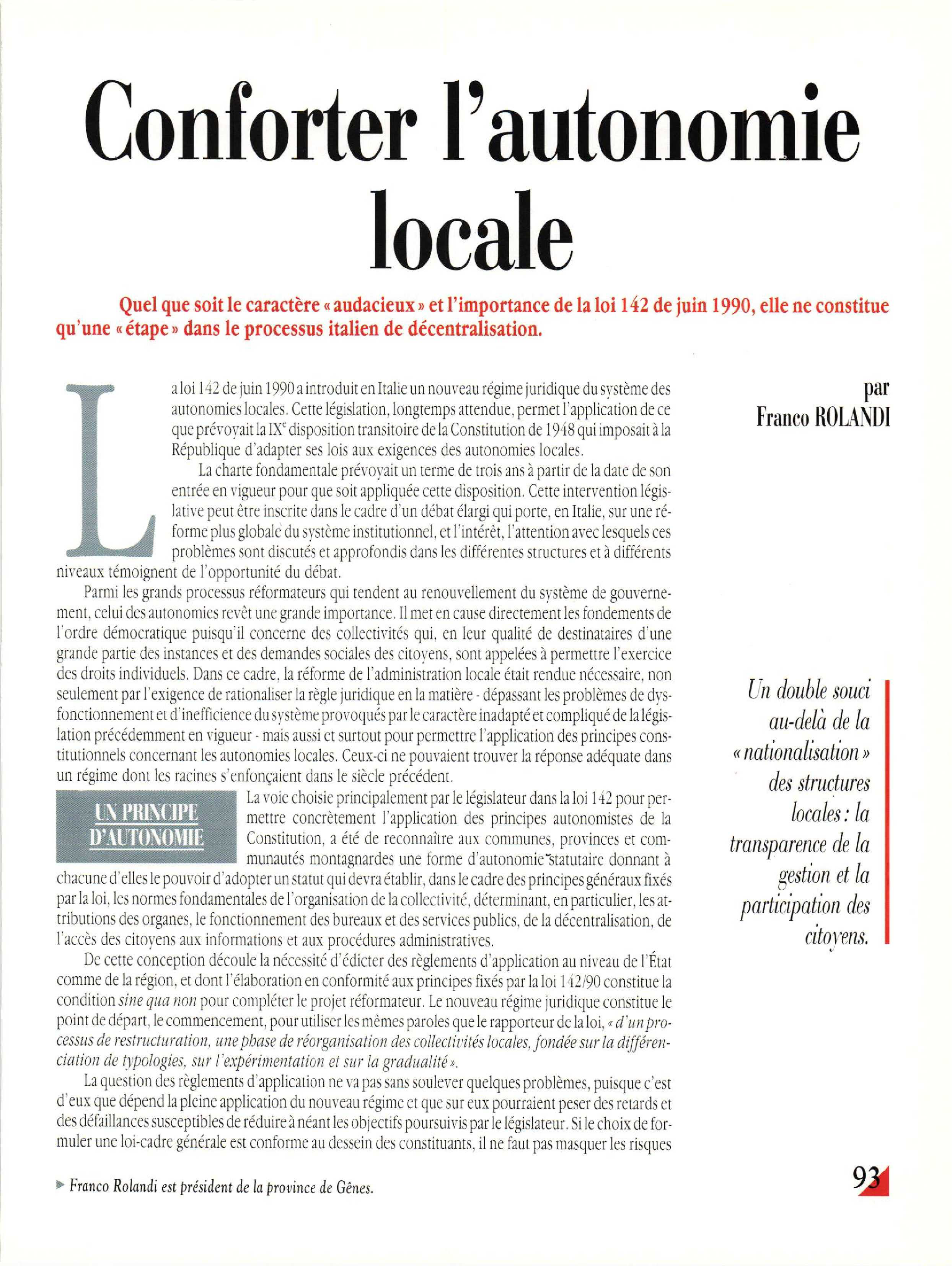 Article : Le modèle italien. Conforter l’autonomie locale