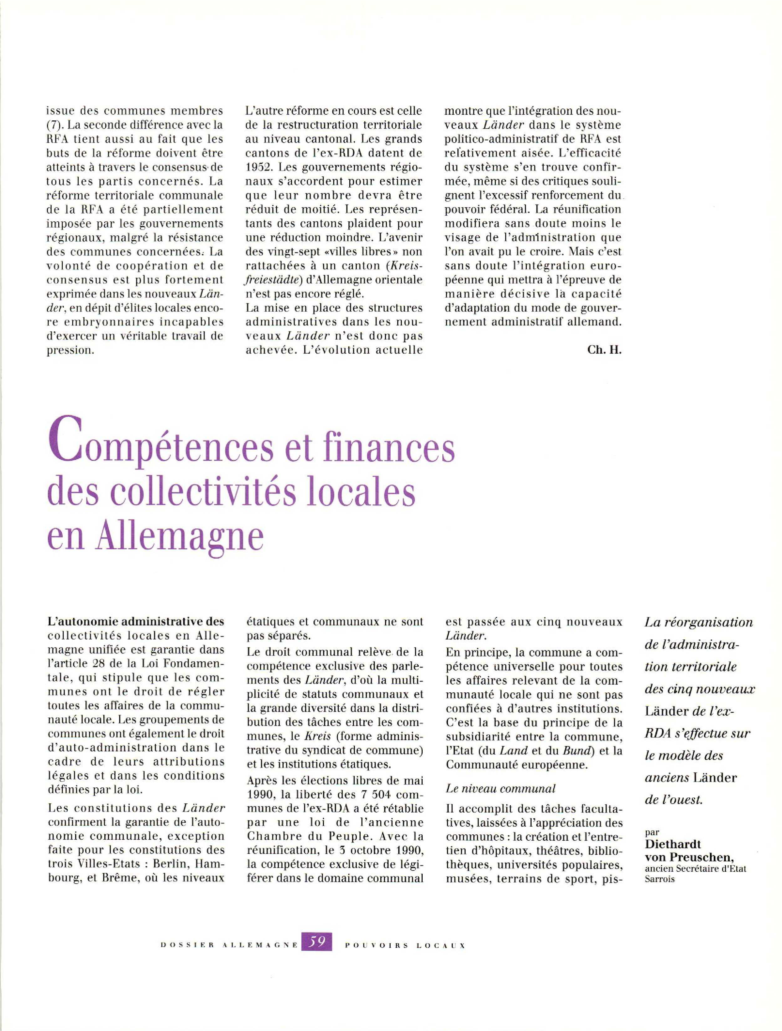 Article : Compétences et finances des collectivités locales en Allemagne