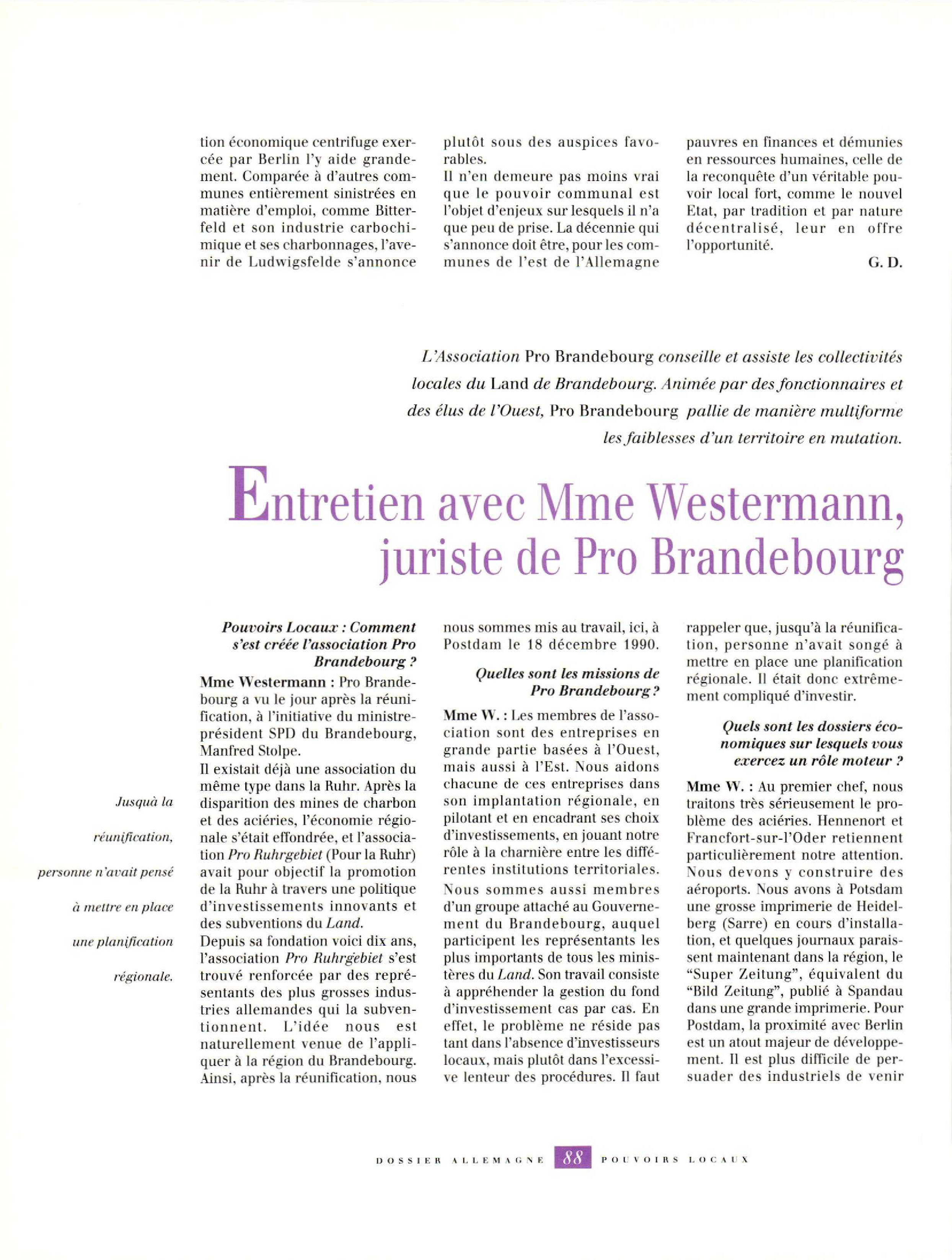 Article : Entretien avec Mme Westermann, juriste de Pro Brandebourg