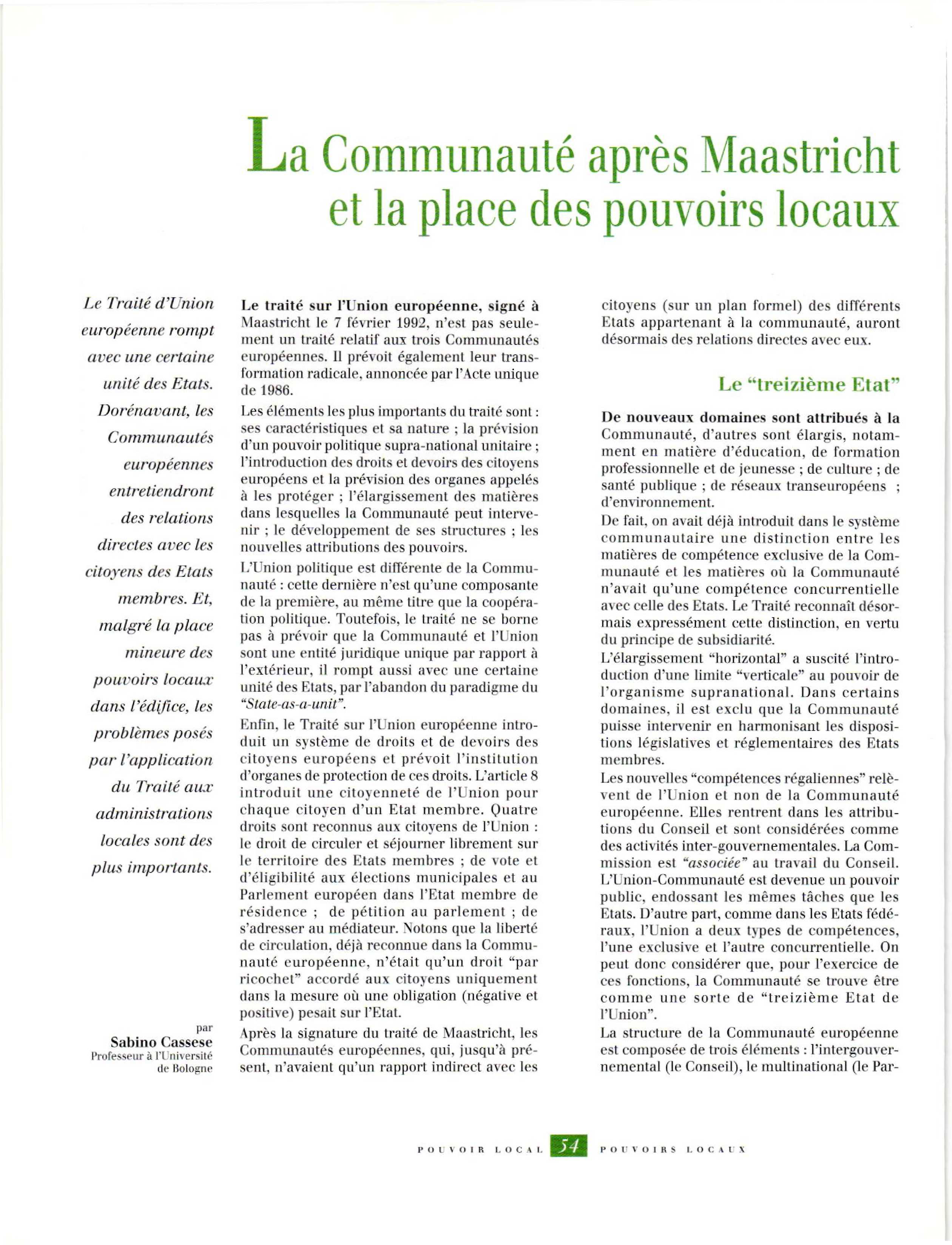 Article : La communauté après Maastricht et la place des pouvoirs locaux