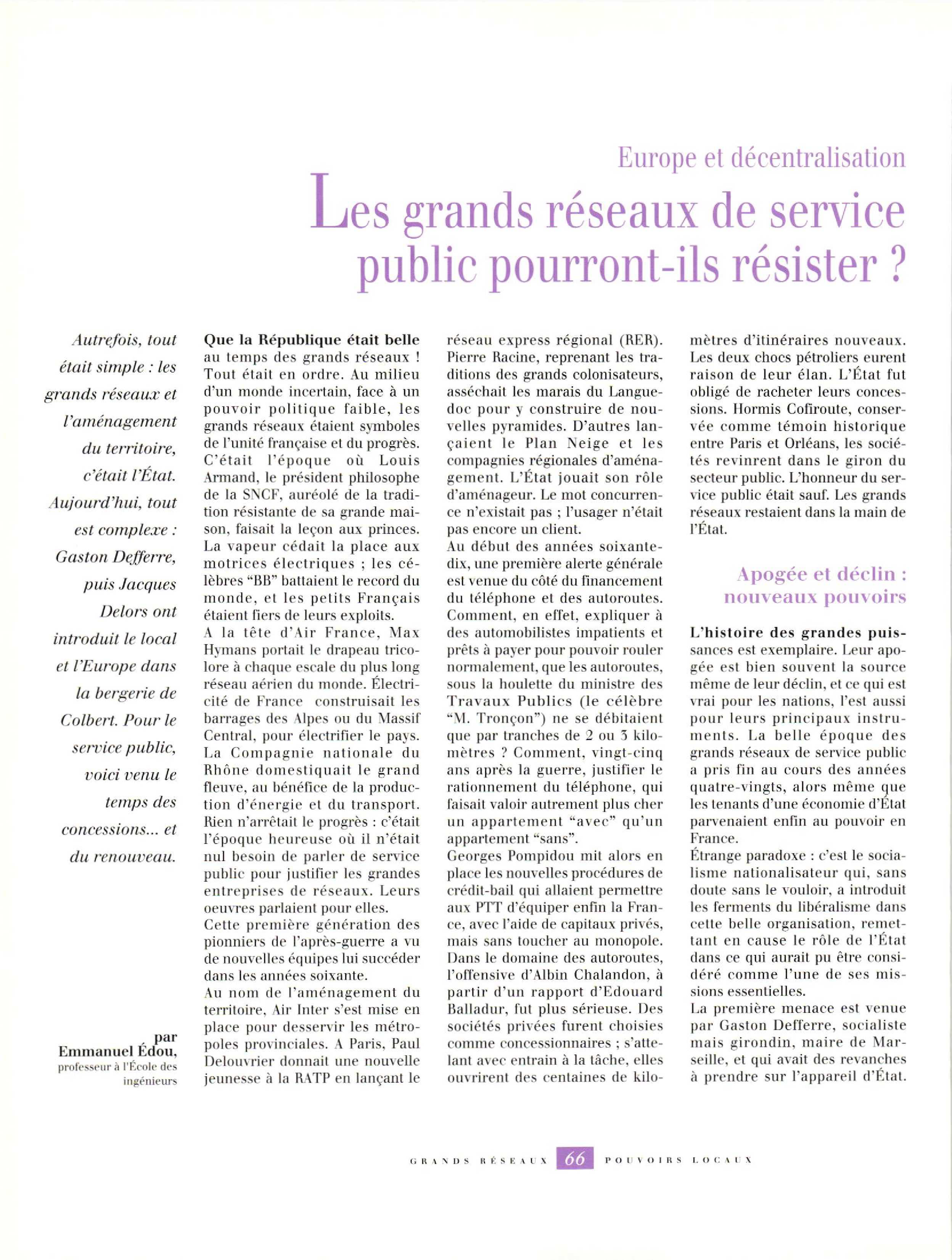 Article :  Europe et décentralisation. Les grands réseaux de service public pourront-ils résister ?