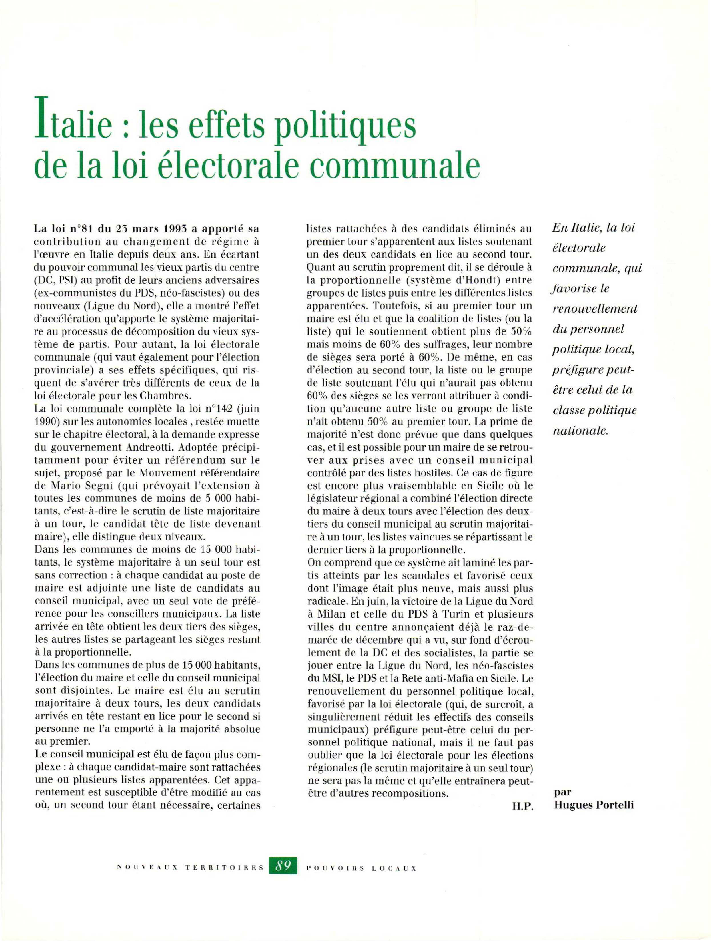 Article : Italie : les effets politiques de la loi électorale communale