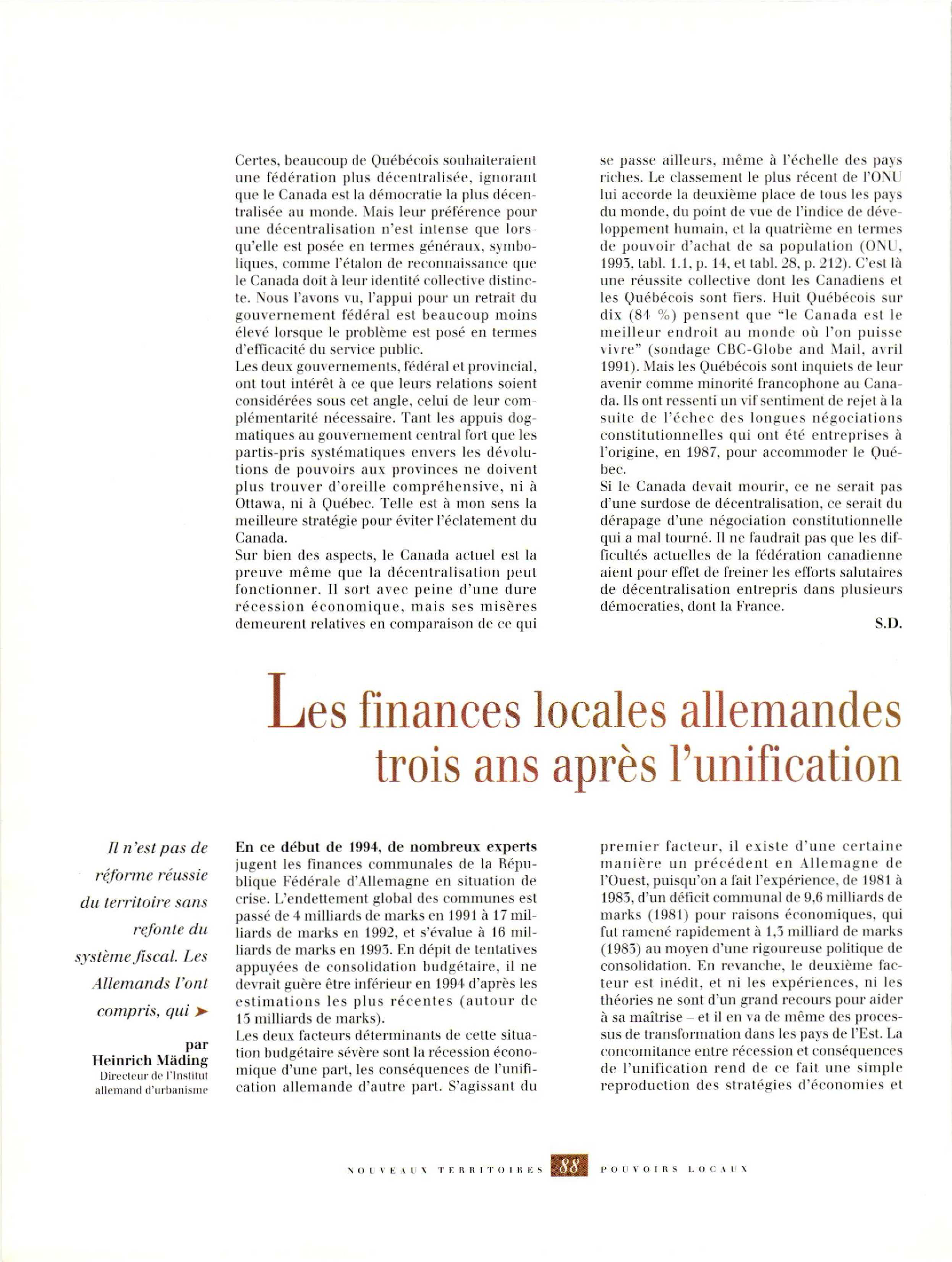 Article : Les finances locales allemandes, trois ans après l’unification