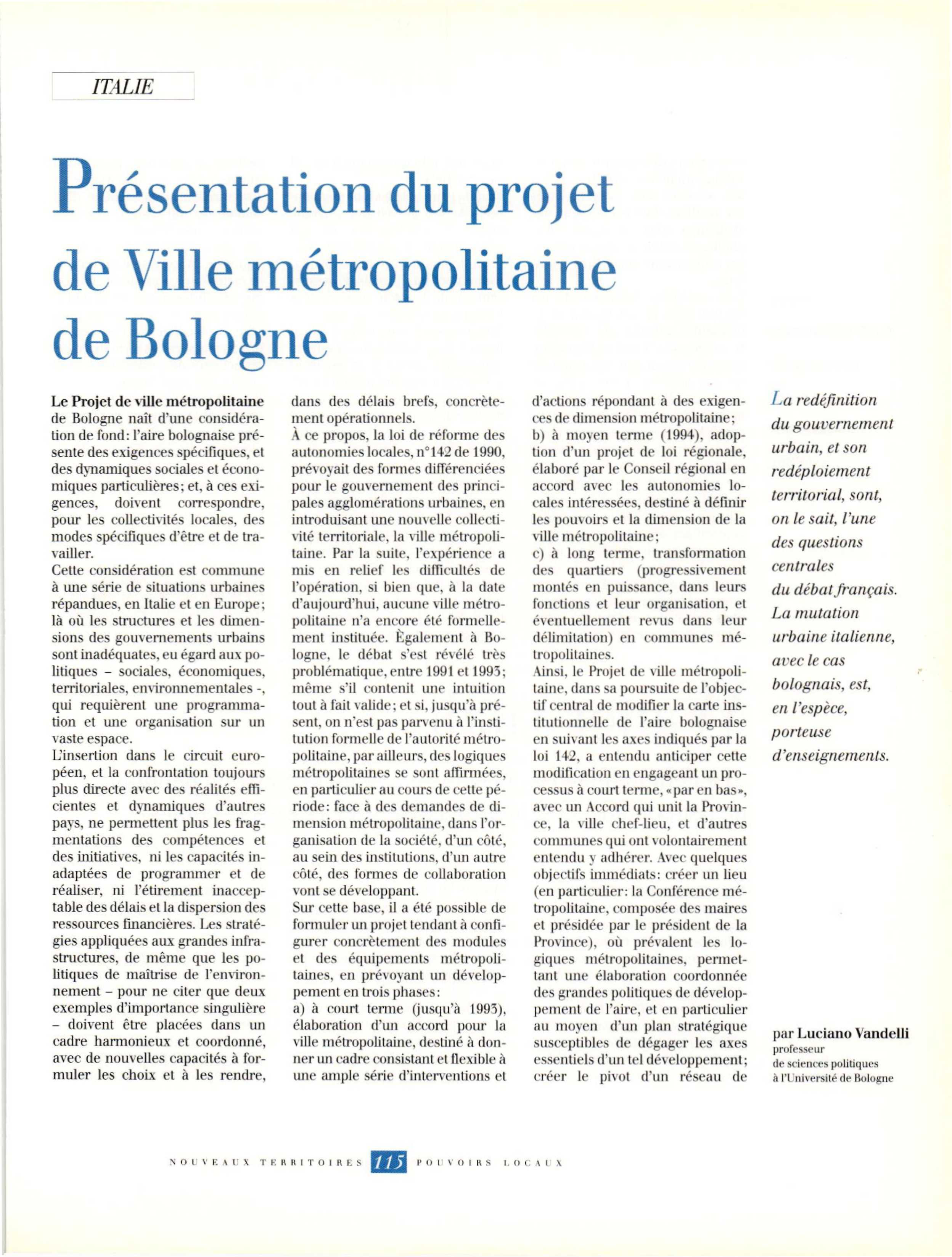 Article : Présentation du projet de Ville métropolitaine de Bologne, 