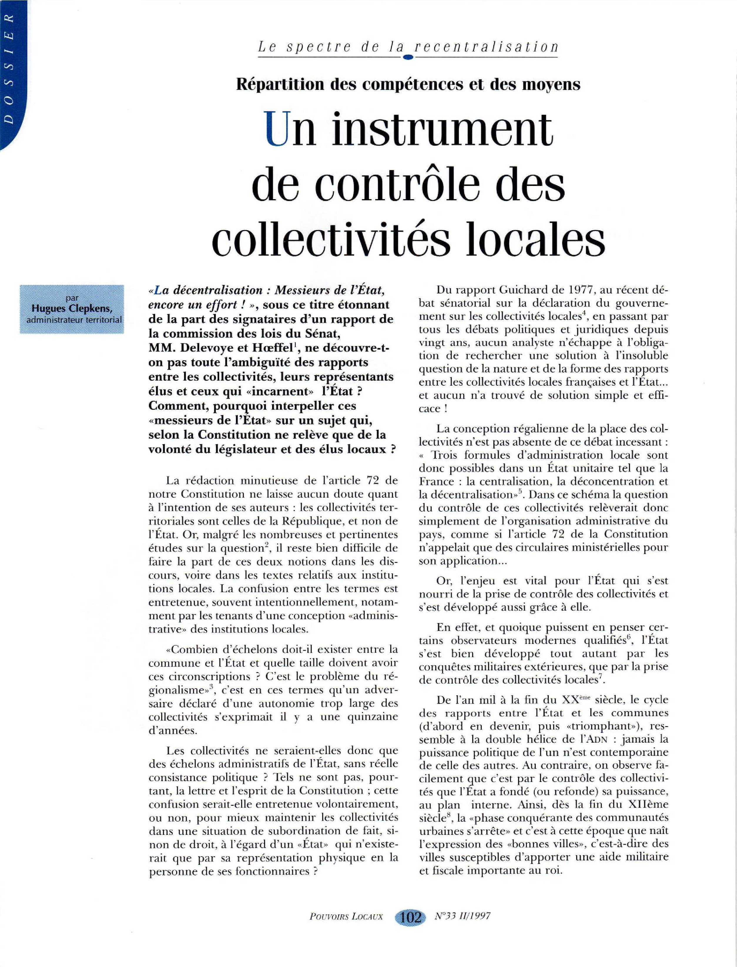 Article : Répartition des compétences et des moyens - Un instrument de contrôle des collectivités locales