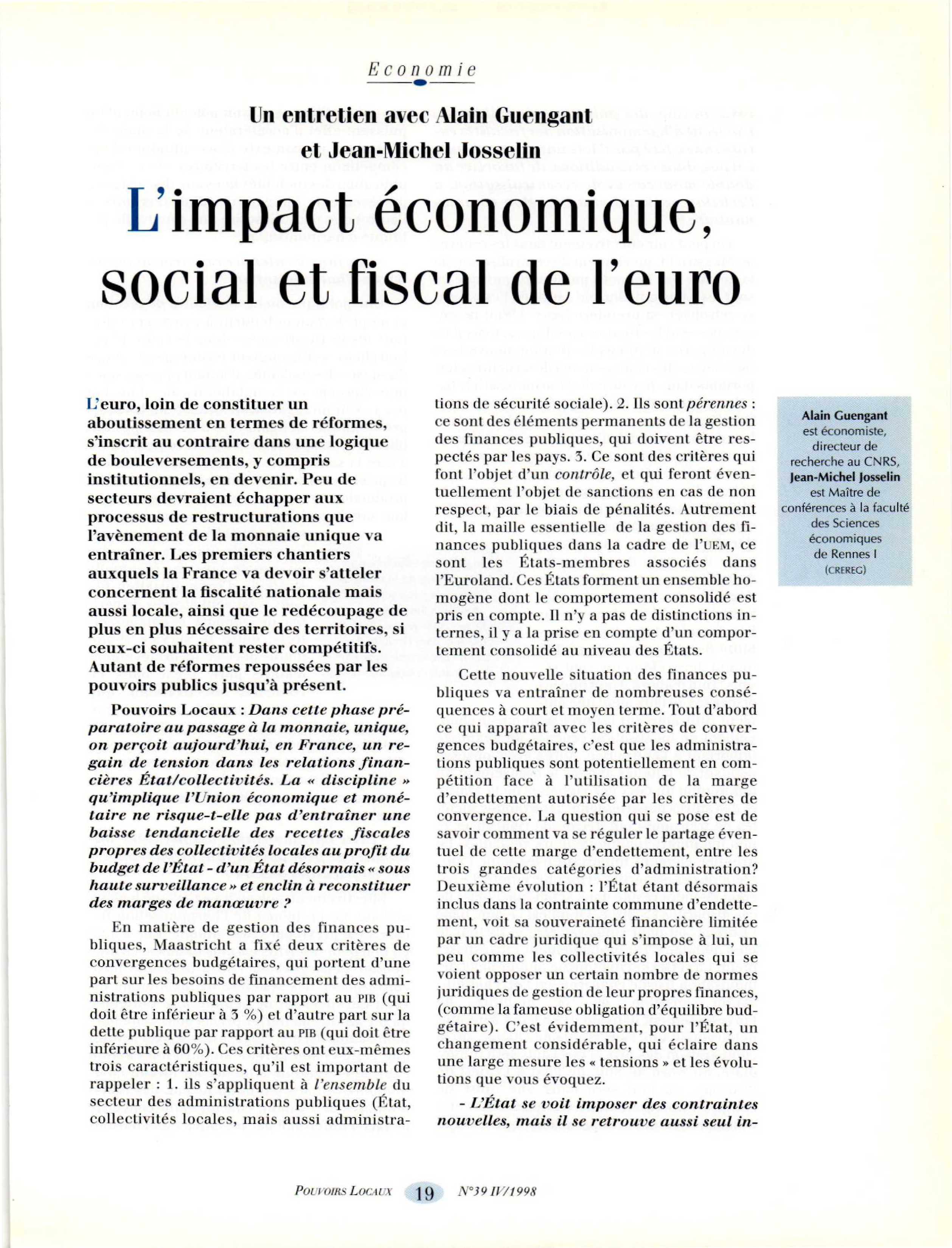 Article :  L’impact économique, social et fiscal de l’euro entretien avec Alain Guengant et Jean-Michel Josselin